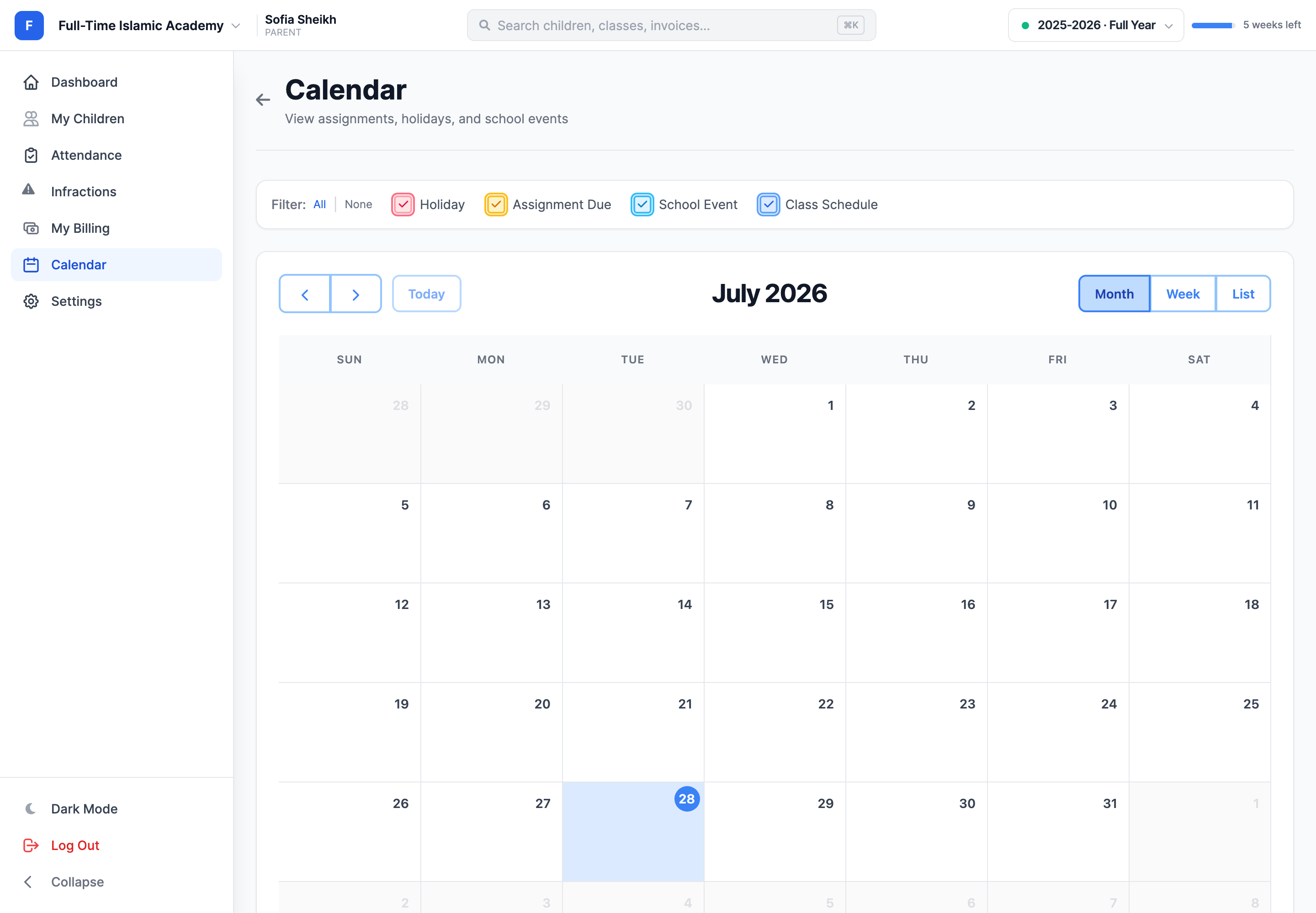 The parent Calendar page in month view with filter chips for Holiday, Assignment Due, School Event and Class Schedule, Month, Week and List view buttons, and a school event shown on one of the dates.