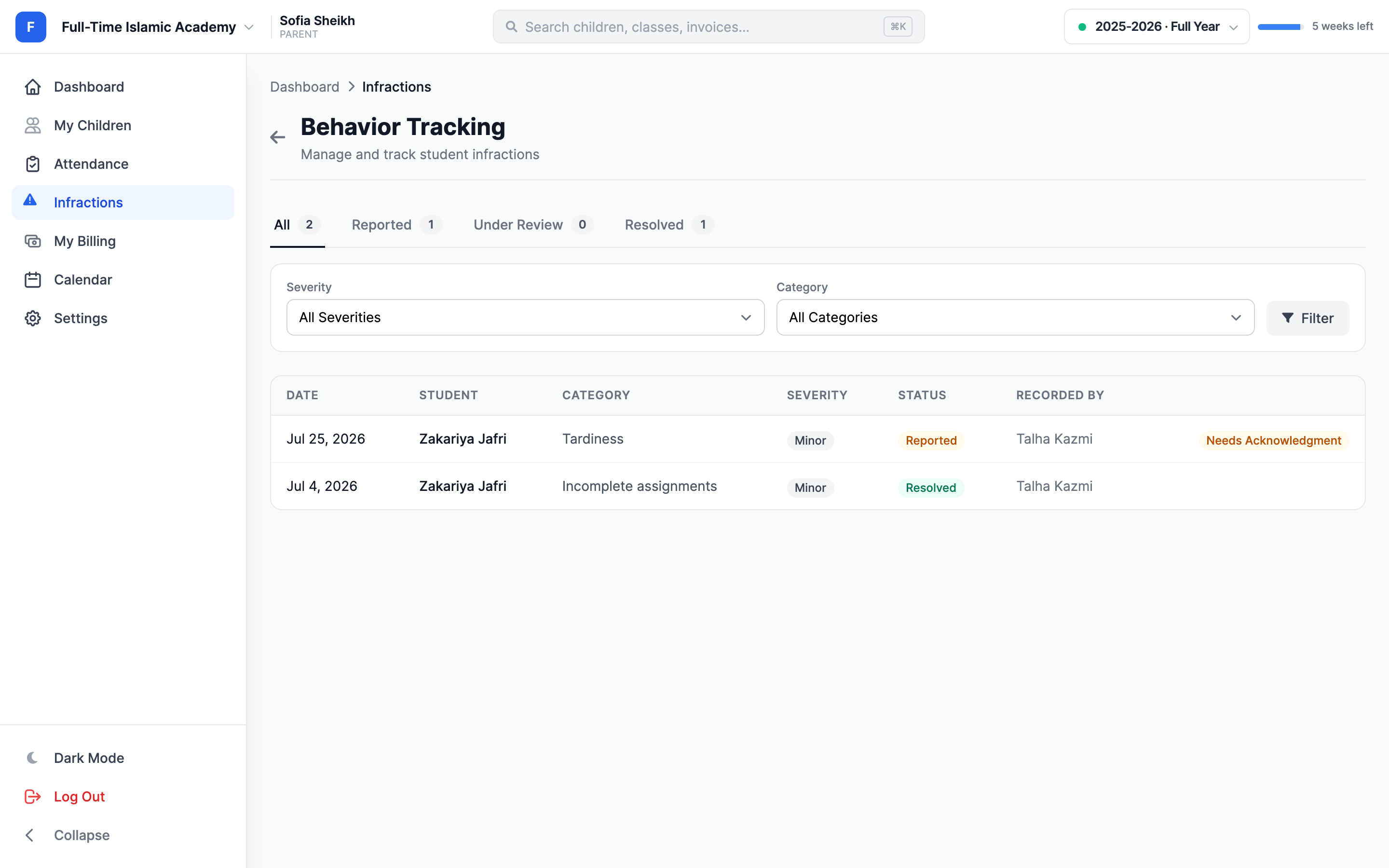 The Behavior Tracking page listing infractions in a table with columns for date, student, category, severity, status and recorded by, with filter tabs for All, Reported, Under Review and Resolved and a Needs Acknowledgment badge on one row.