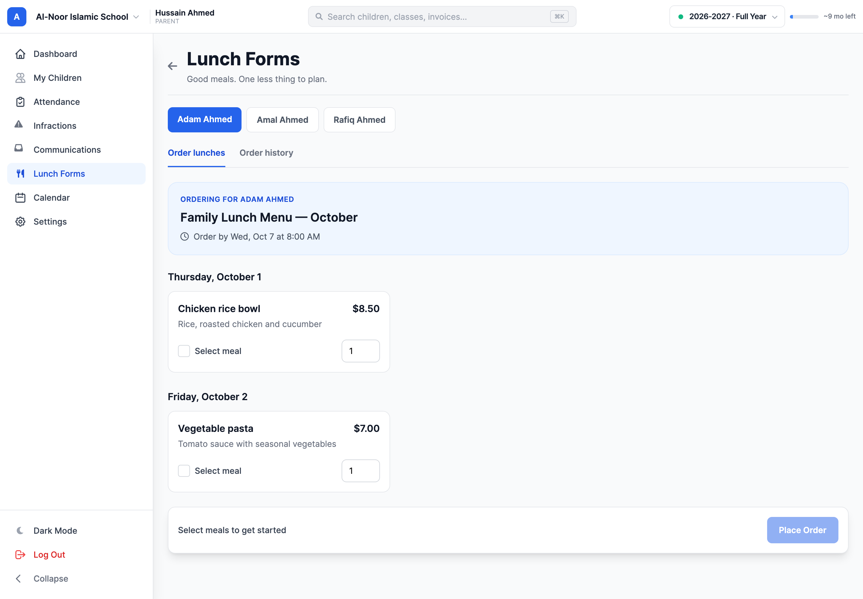 The parent Lunch Forms page with Adam Ahmed selected and the open Family Lunch Menu — October. It shows the October 7 ordering deadline, chicken rice bowl and vegetable pasta choices with prices, and an order summary that is not submitted.