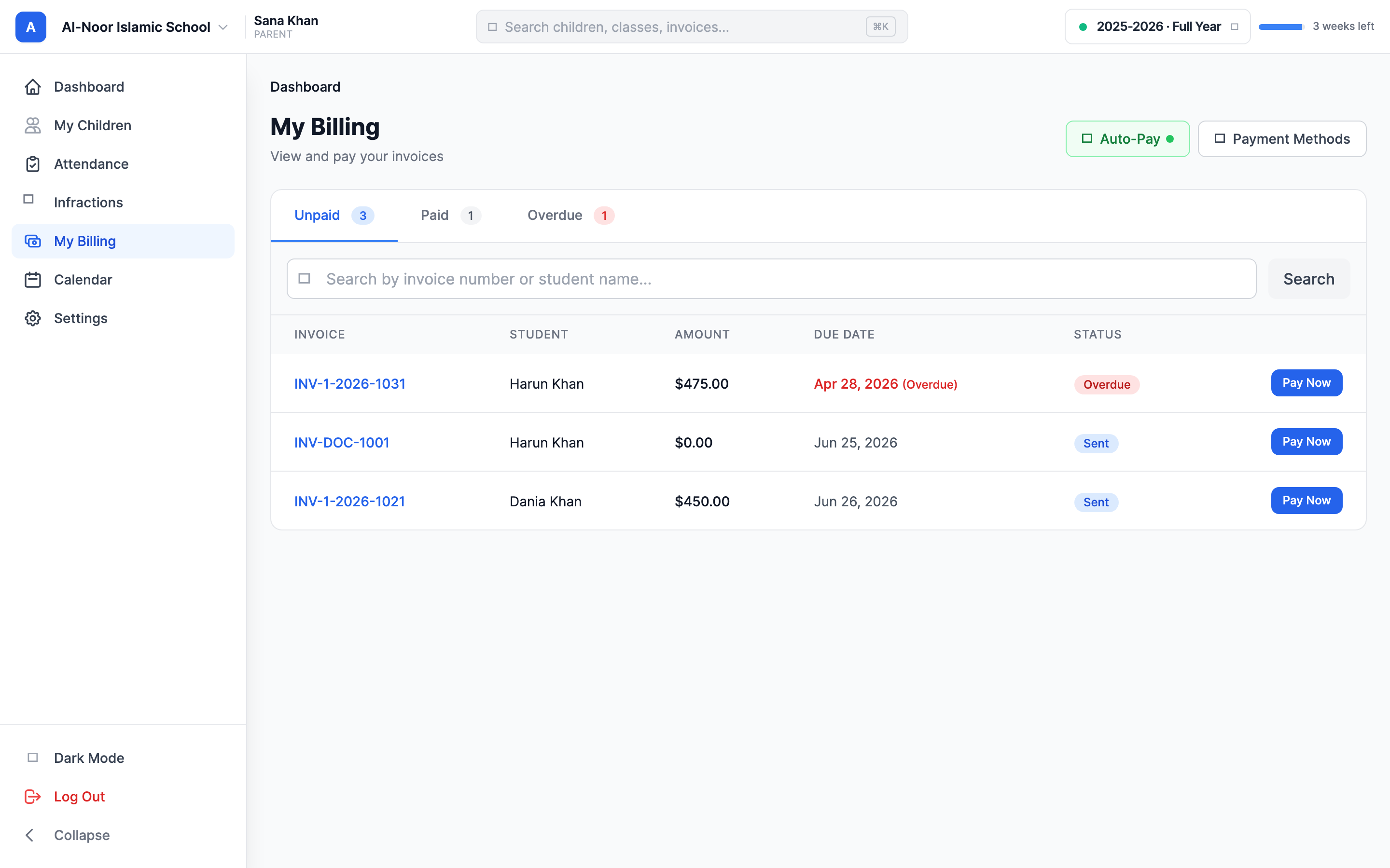 The Pay Invoice window with a Payment Amount field and a Pay Full Amount link on the left, the secure Stripe card entry box below it, a blue Pay button, and an Invoice Summary panel on the right listing the invoice number, student, due date, total, and amount due.