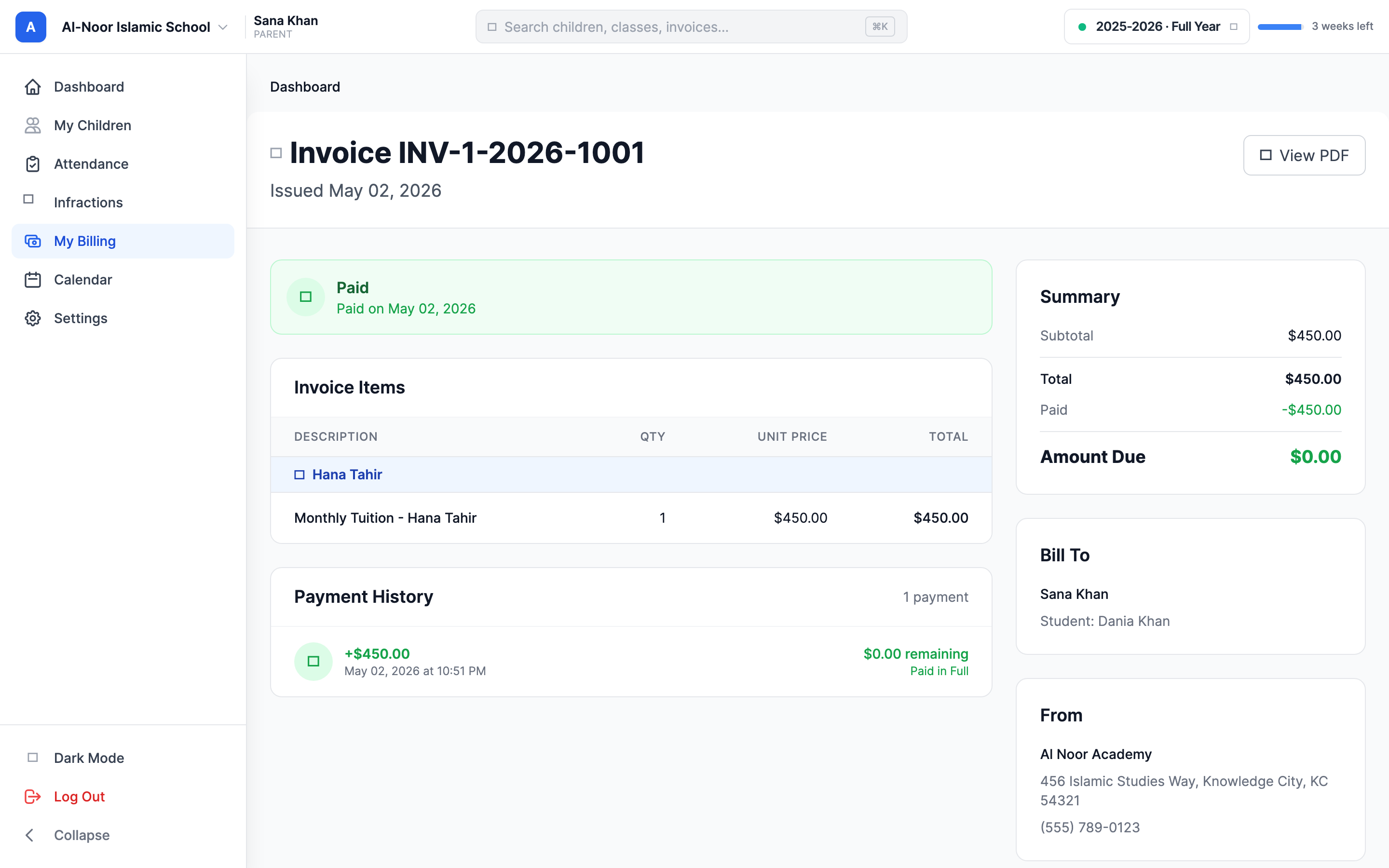 An invoice detail page showing the status banner, the Invoice Items table with line items, a Payment History section listing a payment with its amount and remaining balance, and a Summary sidebar with Total and Amount Due plus a View PDF button at the top.