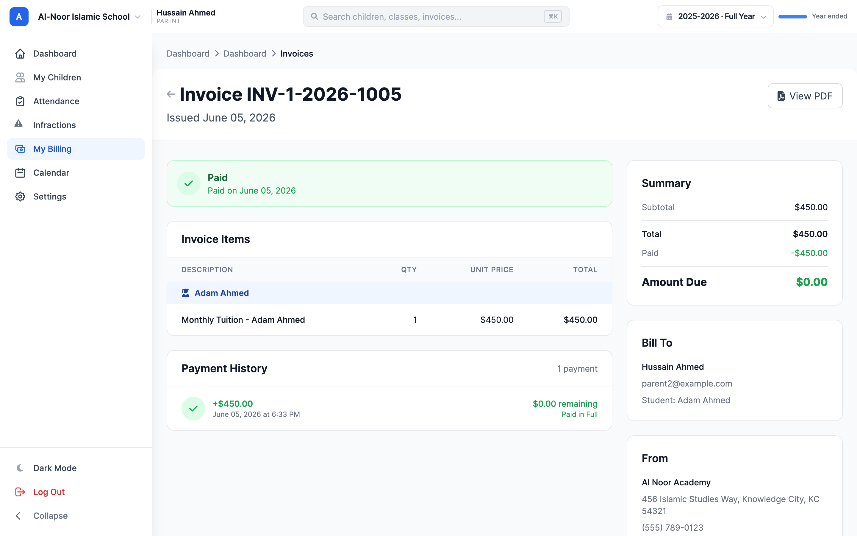 An invoice detail page showing the status banner, the Invoice Items table with line items, a Payment History section listing a payment with its amount and remaining balance, and a Summary sidebar with Total and Amount Due plus a View PDF button at the top.