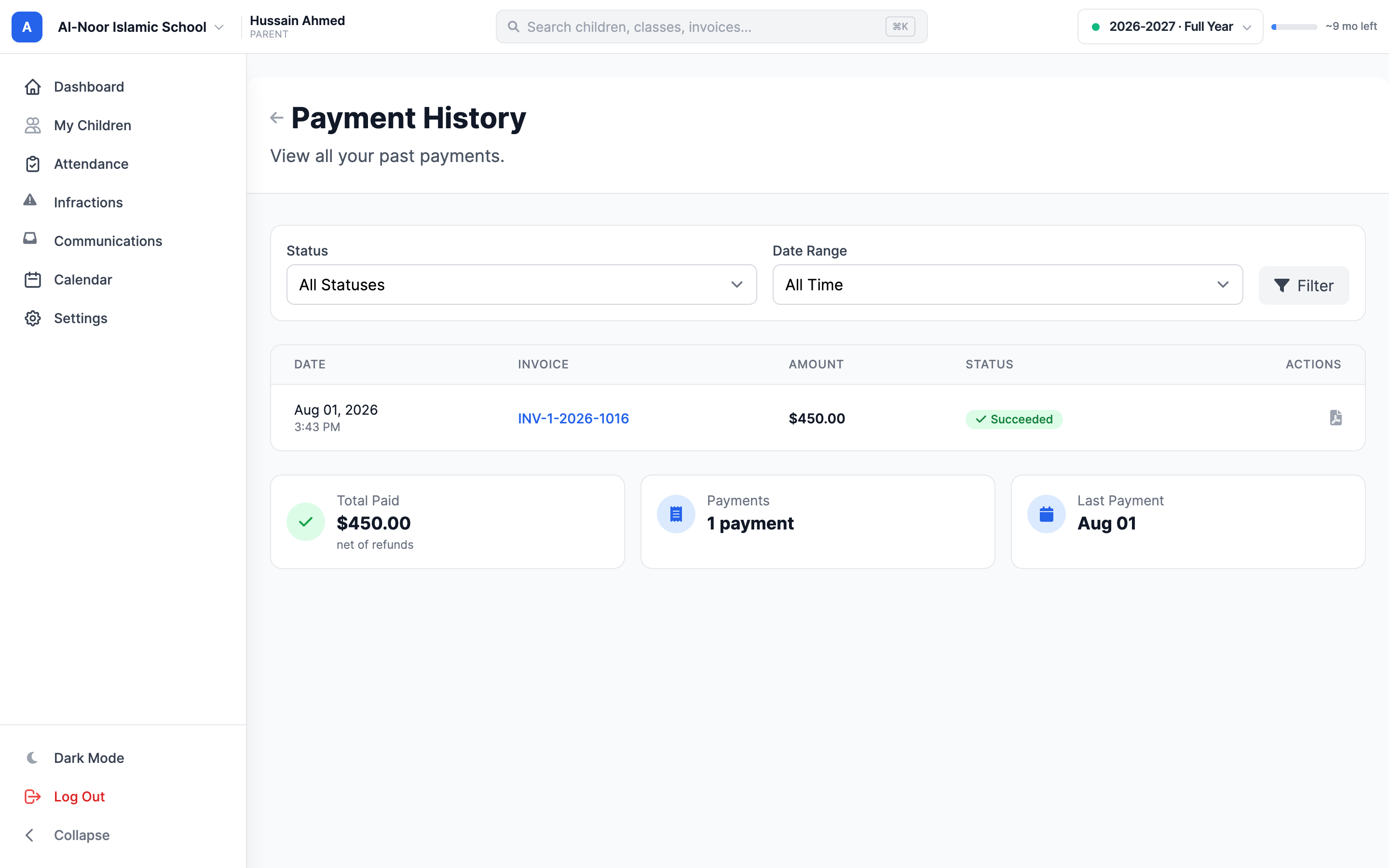 The Payment History page with Status and Date Range filters, one succeeded payment with a PDF receipt action, and summary cards for Total Paid, Payments, and Last Payment.