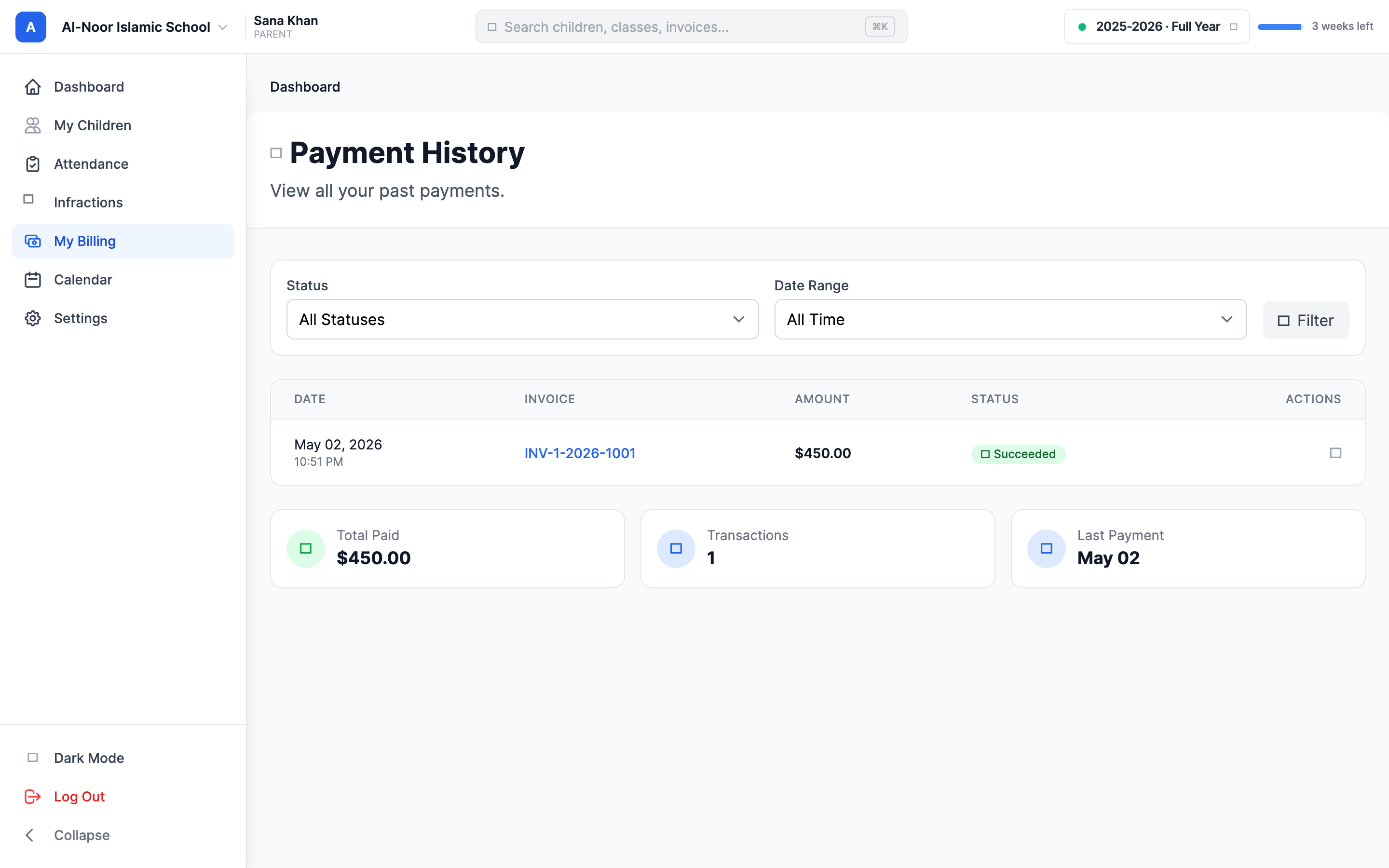 The Payment History page with Status and Date Range filter dropdowns, a table listing each payment's date, invoice number, amount, and a green Succeeded badge, a PDF download icon per row, and summary cards at the bottom showing Total Paid, Transactions, and Last Payment.