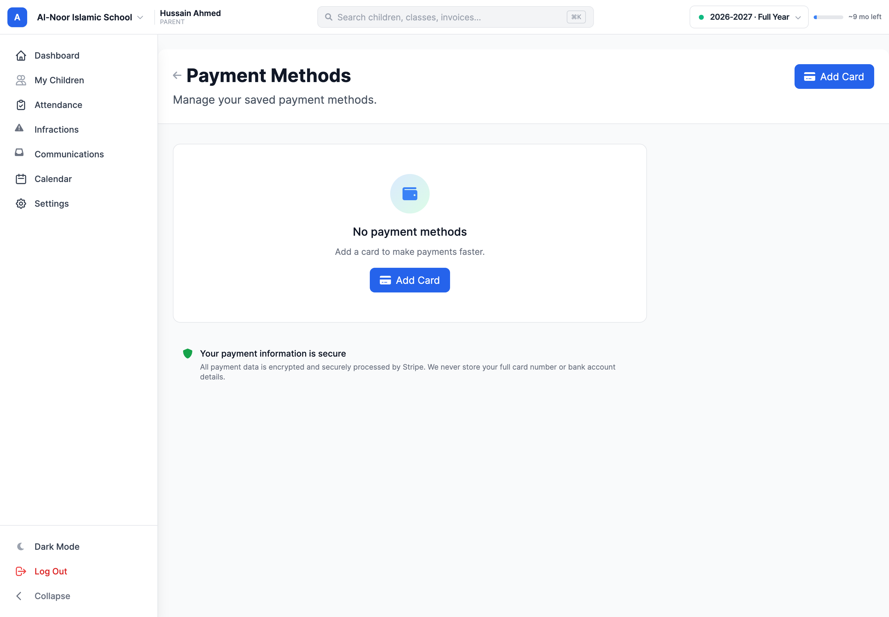 The Payment Methods page with an empty state that says No payment methods and an Add Card button.