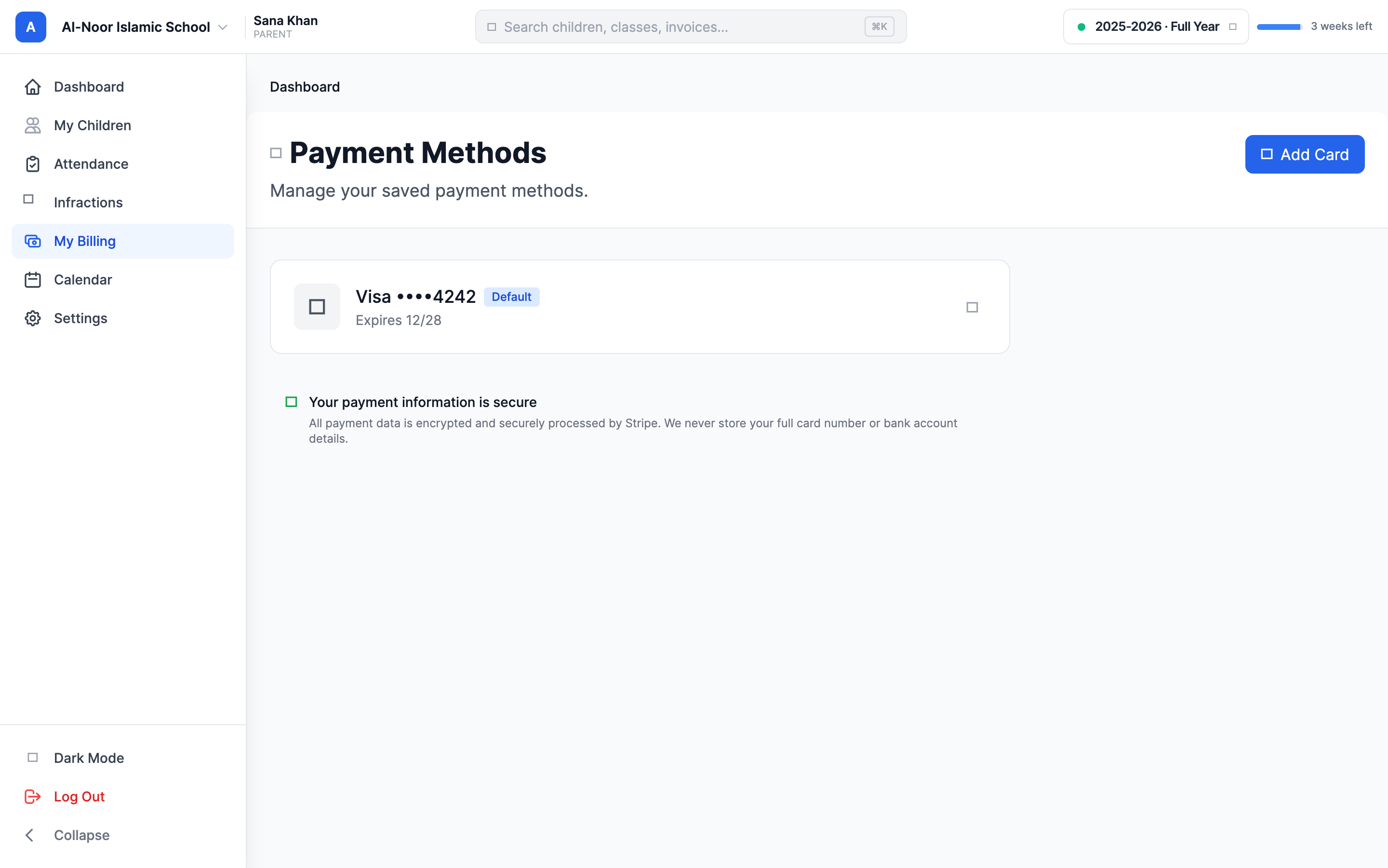 The Payment Methods window listing saved cards and bank accounts with their last four digits and expiry, a Default badge on one, Set Default and trash (remove) controls per method, and Add Card and Add Bank buttons.