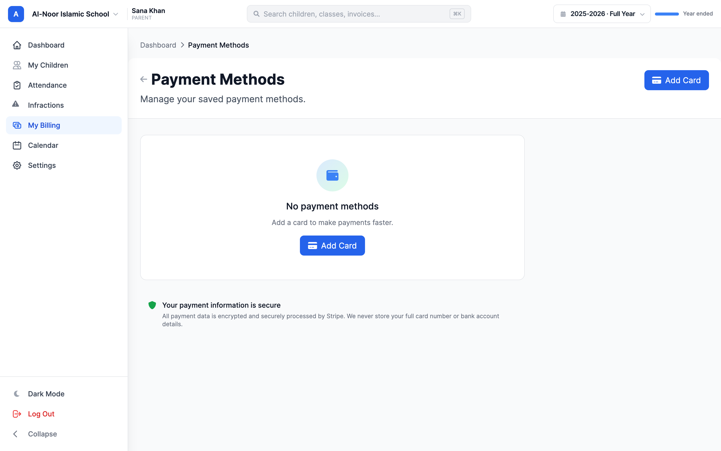 The Payment Methods window listing saved cards and bank accounts with their last four digits and expiry, a Default badge on one, Set Default and trash (remove) controls per method, and Add Card and Add Bank buttons.