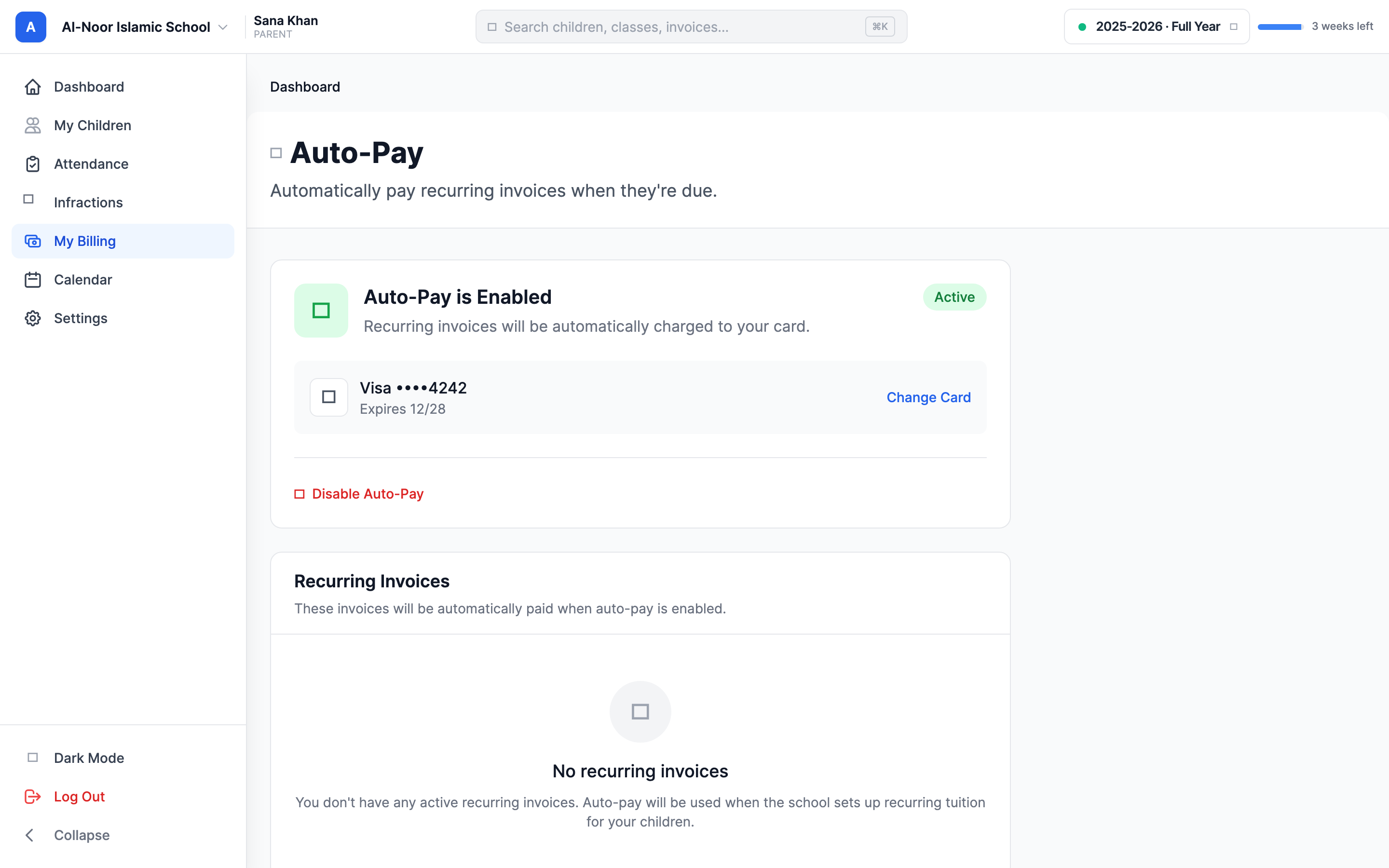 The Auto-Pay page showing the Auto-Pay status card, the saved card selected for automatic payments with a Change Card link, a list of recurring invoices that will be paid automatically, and a blue How Auto-Pay Works information panel.