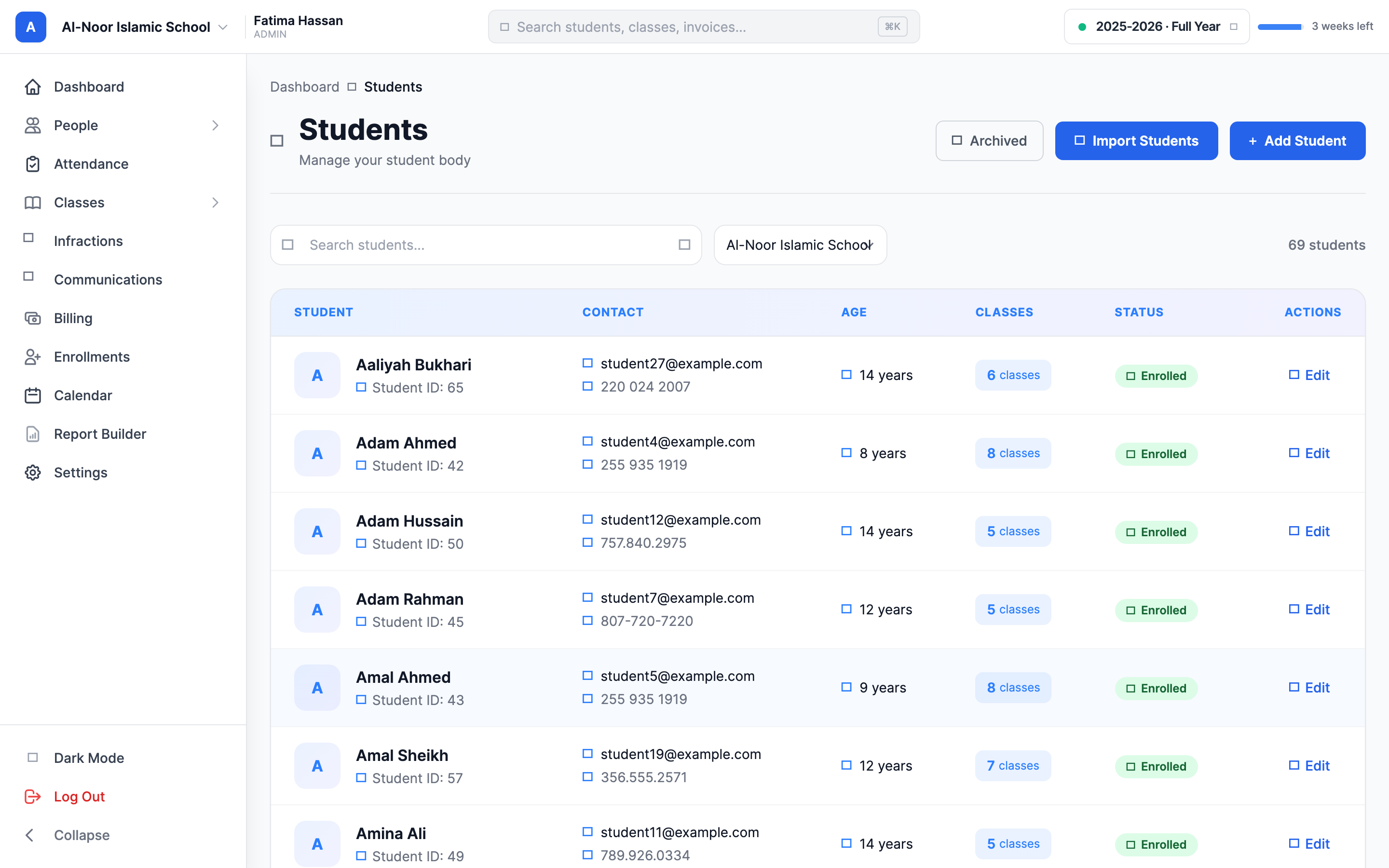 The Students page for a school, showing the student list table and the header buttons: Send All Credentials, Import Students, and the blue Add Student button.
