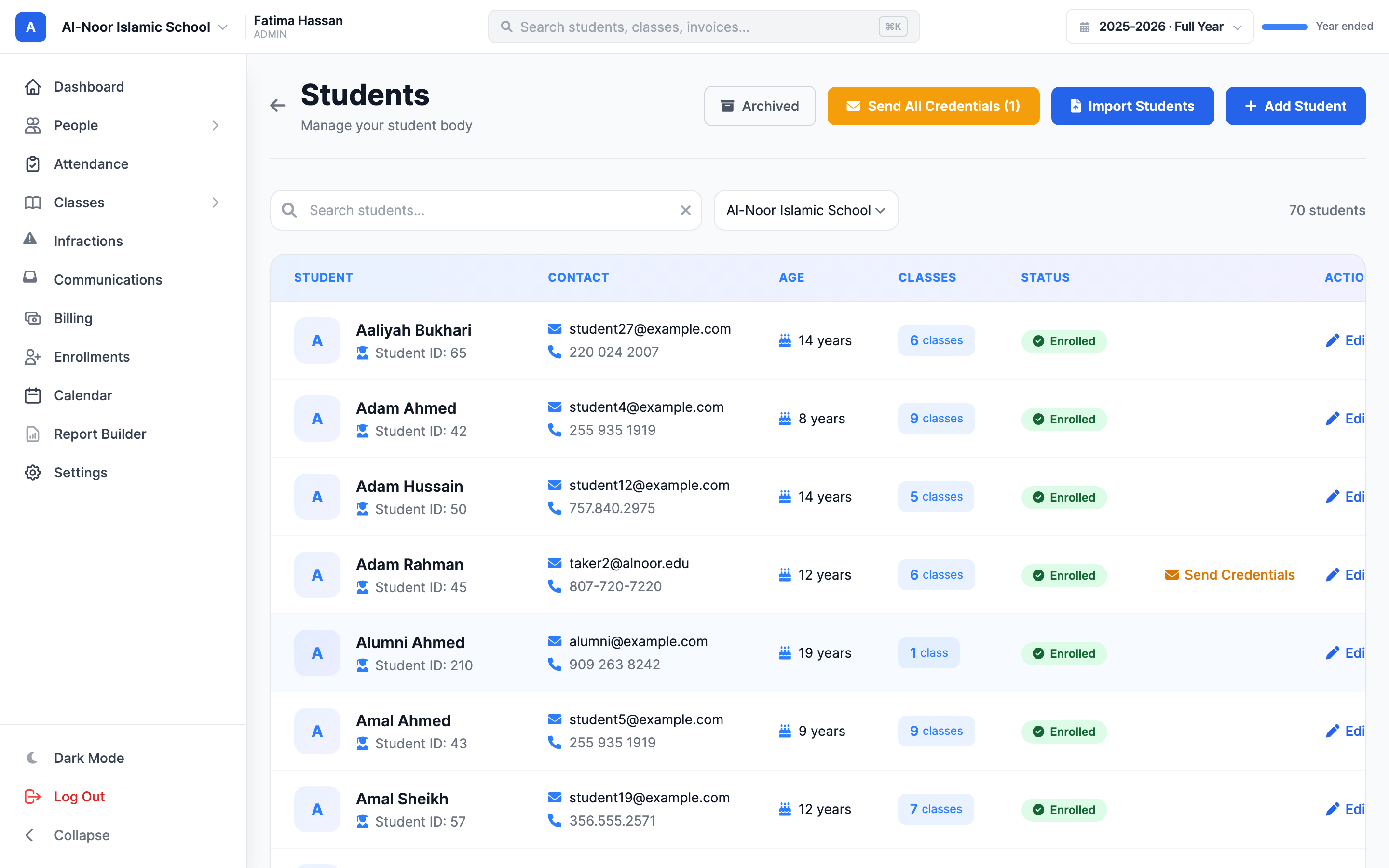 The Students page for a school, showing the student list table and the header buttons: Send All Credentials, Import Students, and the blue Add Student button.