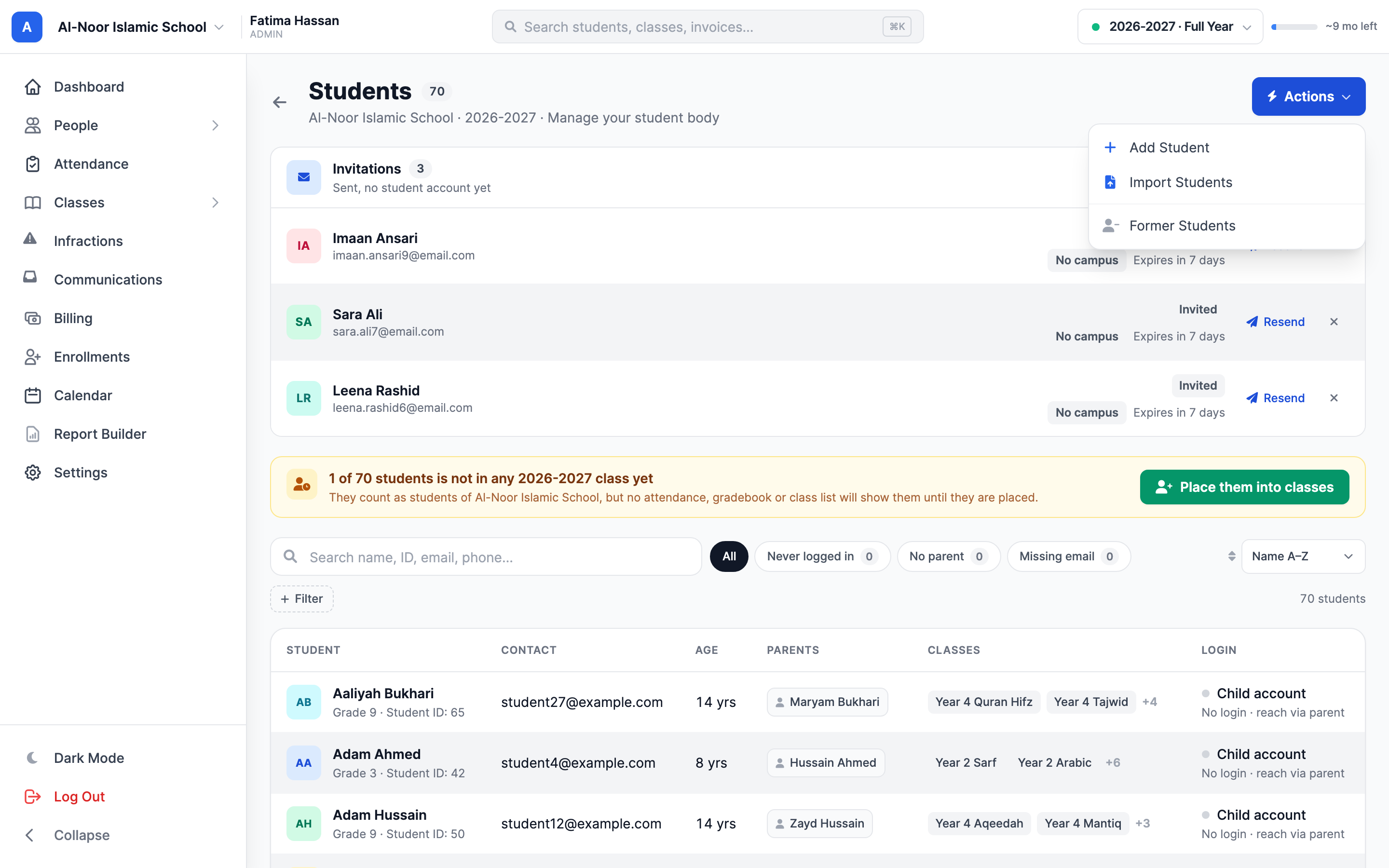 The Students page with its Actions menu open, showing Add Student, Import Students, Former Students, and credential options above the roster.