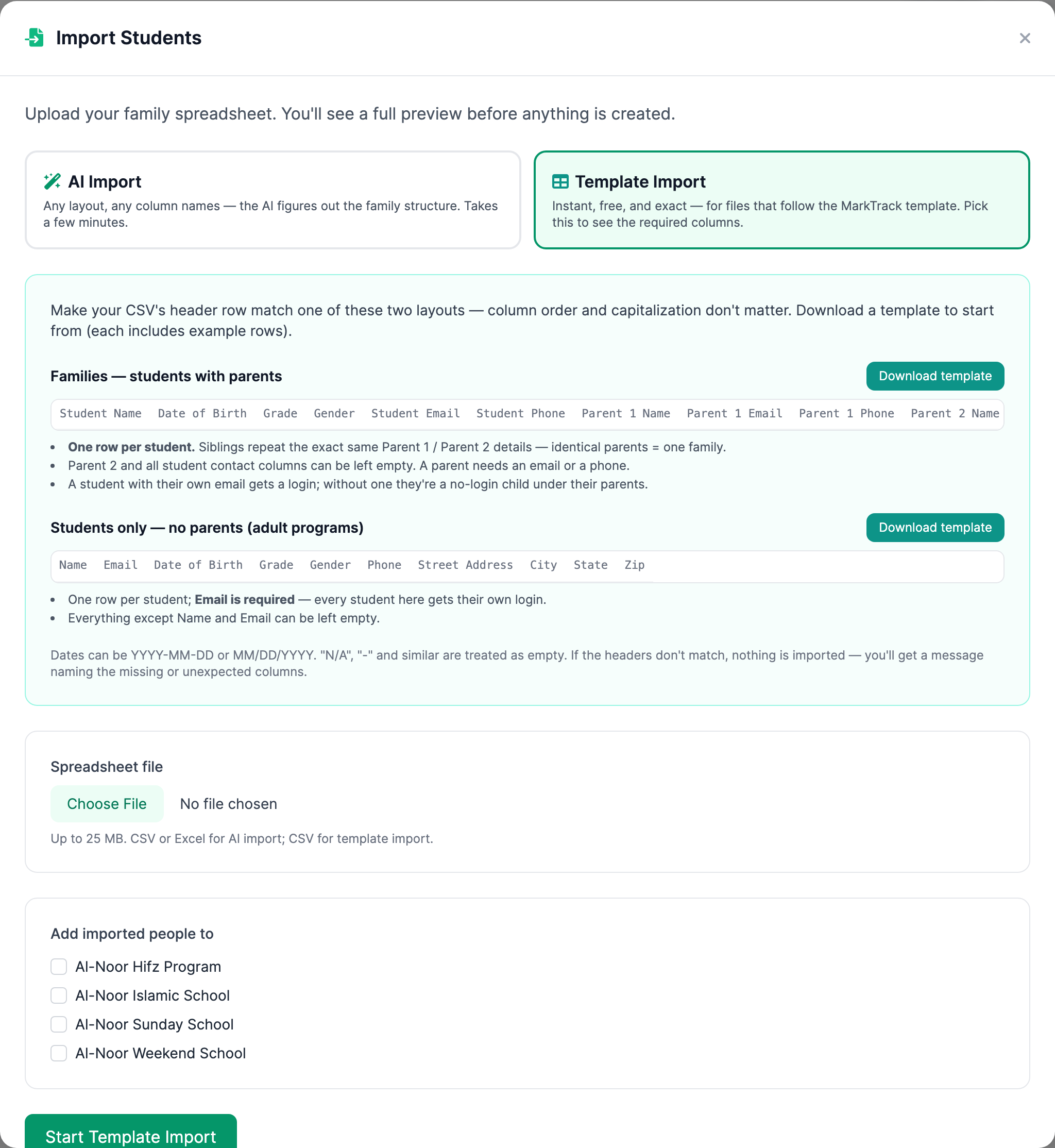 The Import Students dialog with Template Import selected, showing the Families and Students only template headers, download links, spreadsheet upload, and school selections.