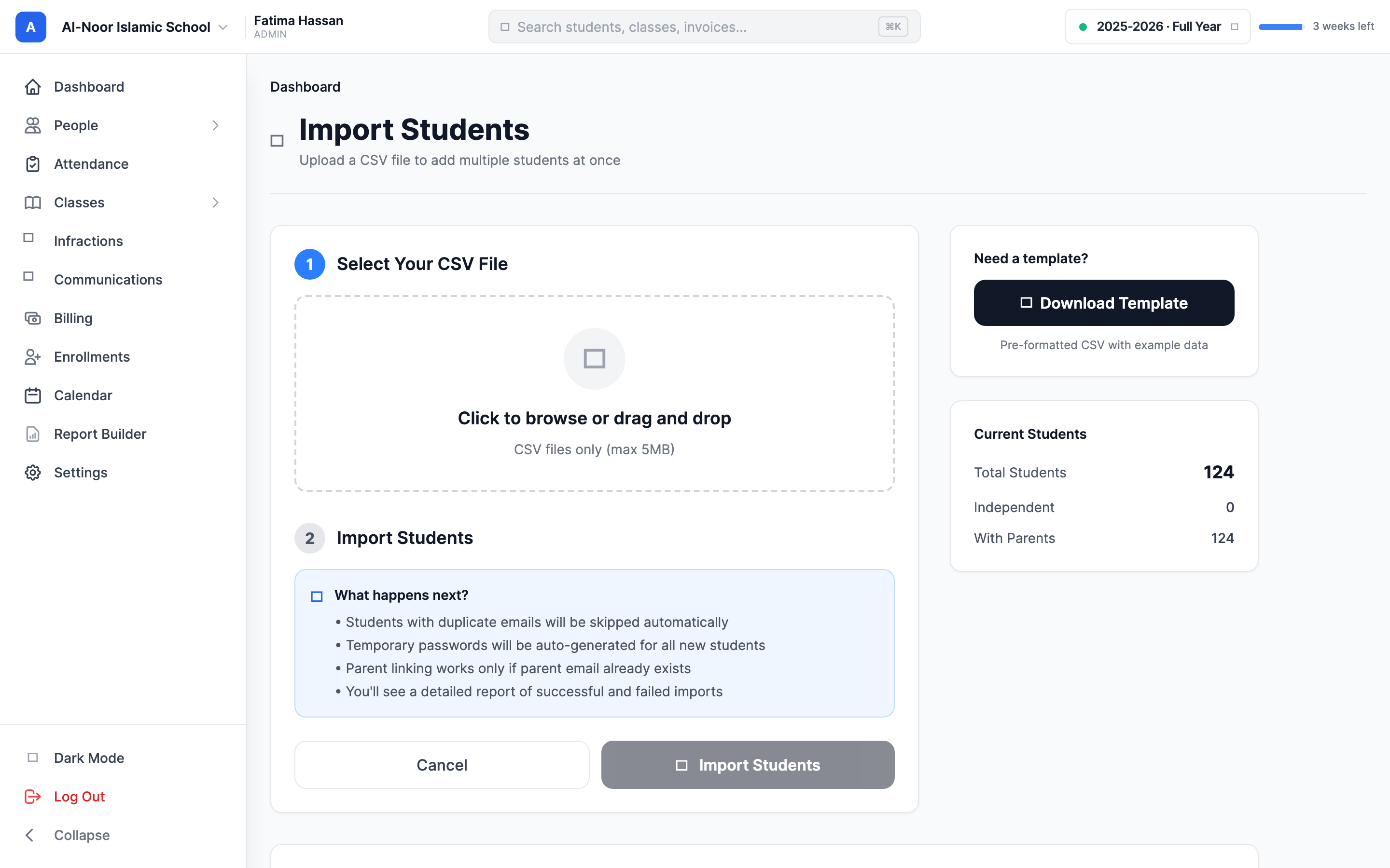 The Import Students page showing the CSV upload area, the Download Template button, the documented column list (name, email, phone, dob, parent_email, class_names) with Required and Optional badges, and the Column Order Matters and Headers Not Required tips.