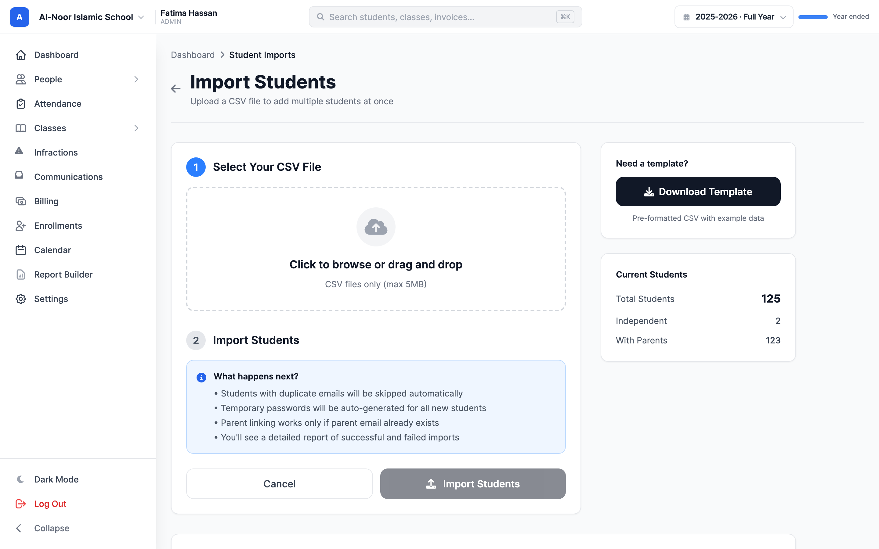 The Import Students page showing the CSV upload area, the Download Template button, the documented column list (name, email, phone, dob, parent_email, class_names) with Required and Optional badges, and the Column Order Matters and Headers Not Required tips.
