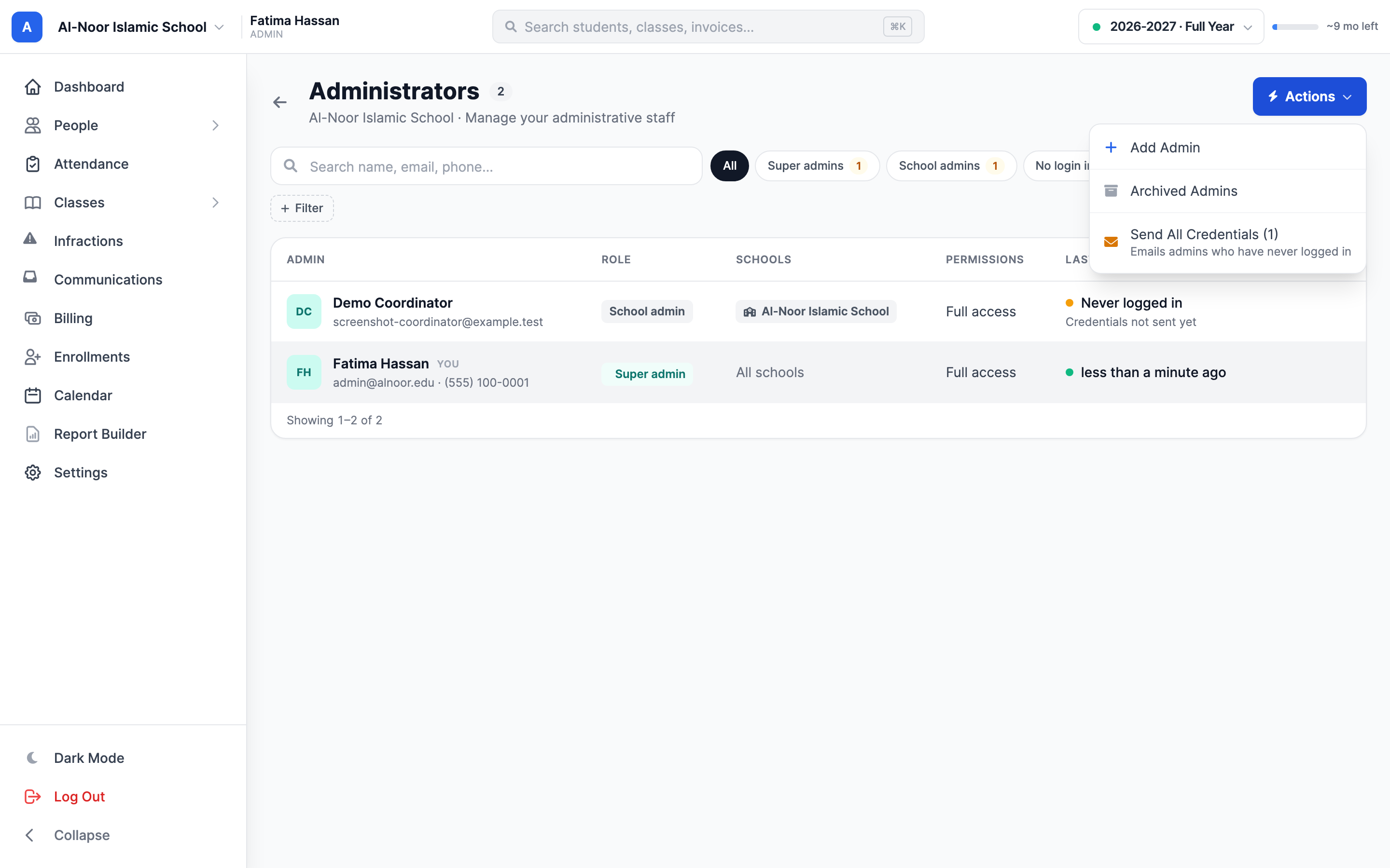 The Administrators page with its Actions menu open above the admin roster.