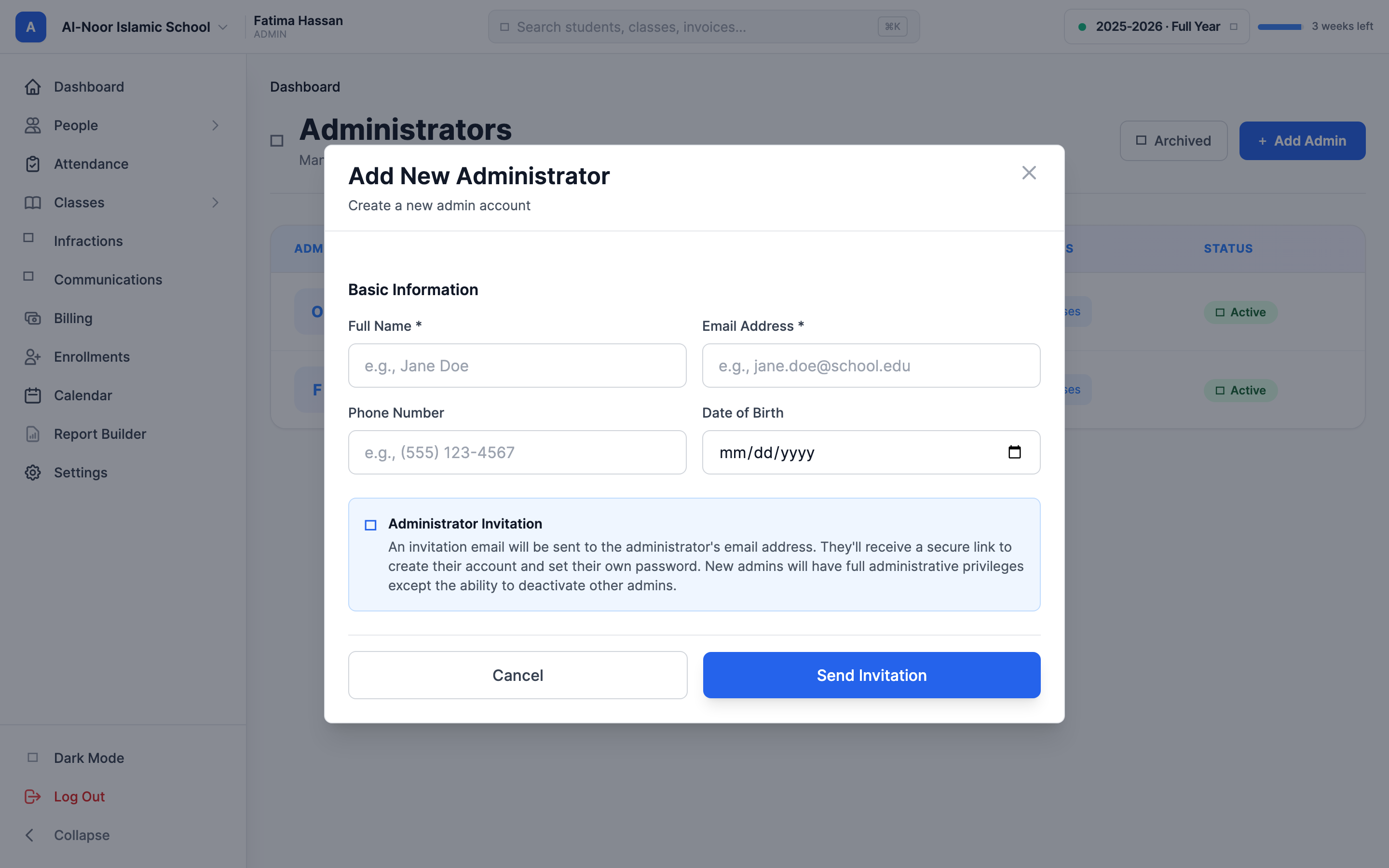 The Add New Administrator window with Full Name, Email Address, Phone Number, and Date of Birth fields, a blue 'Administrator Invitation' notice explaining an email will be sent, and a 'Send Invitation' button.