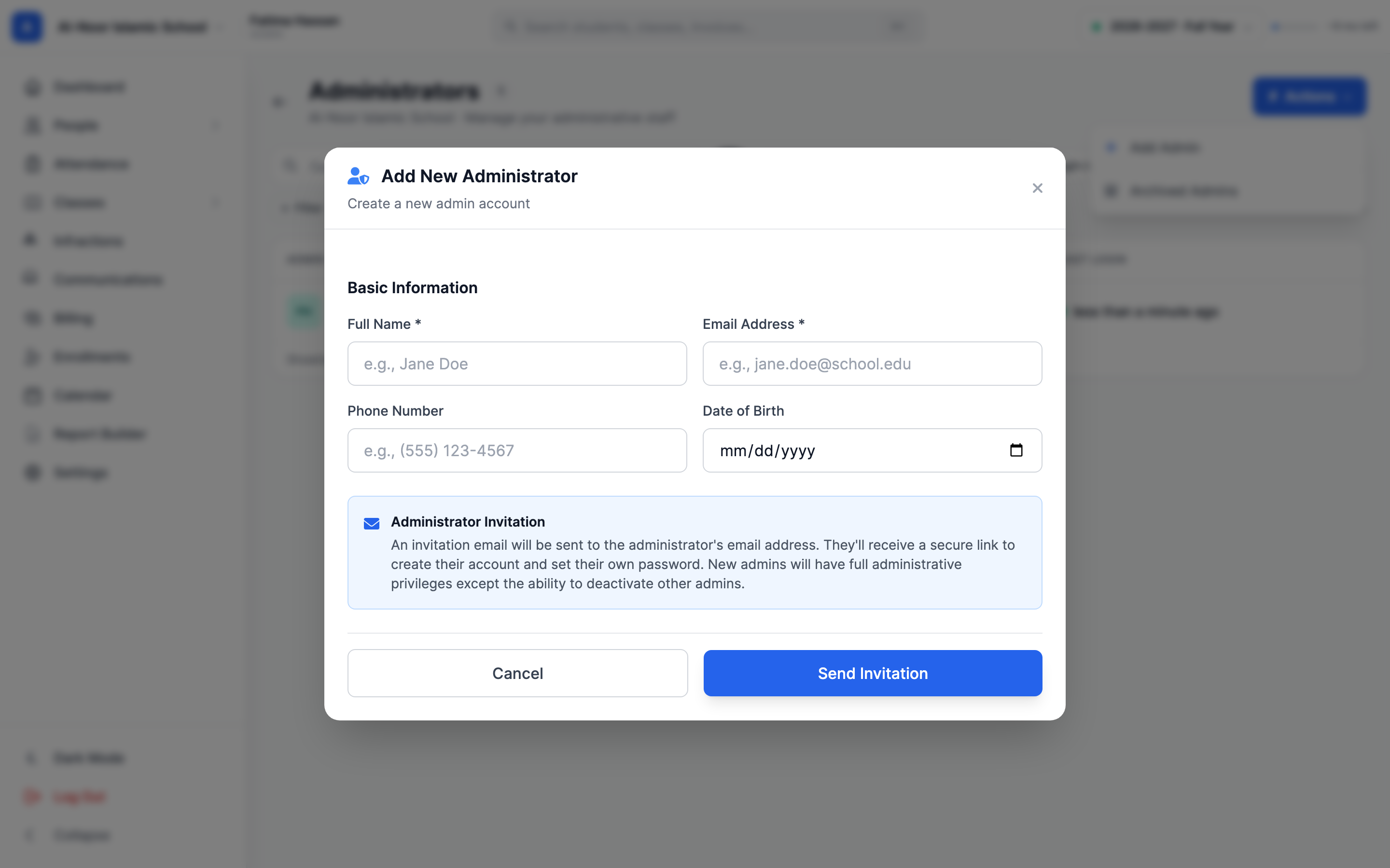 The Add New Administrator window with Full Name, Email Address, Phone Number, and Date of Birth fields, a blue 'Administrator Invitation' notice explaining an email will be sent, and a 'Send Invitation' button.