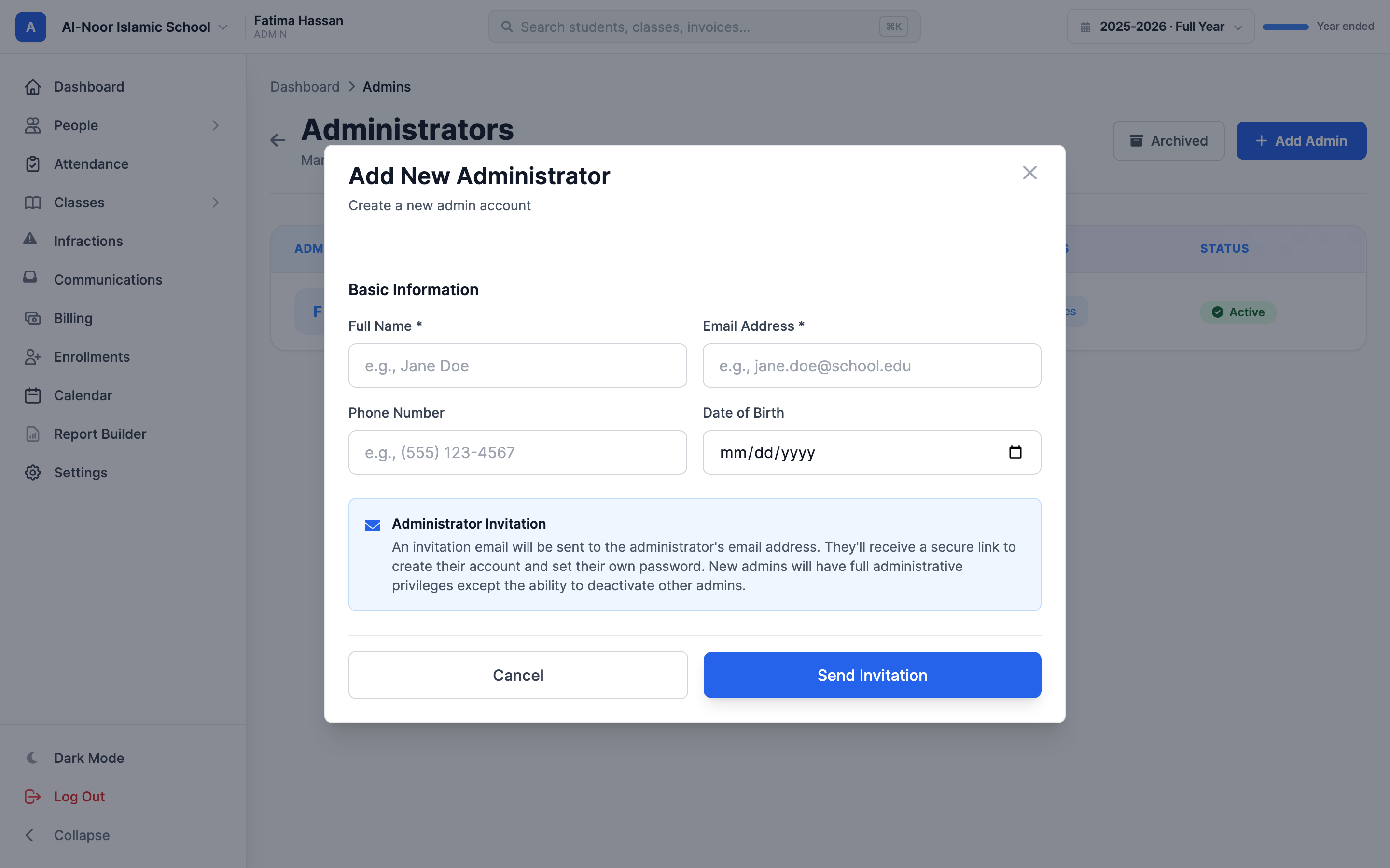 The Add New Administrator window with Full Name, Email Address, Phone Number, and Date of Birth fields, a blue 'Administrator Invitation' notice explaining an email will be sent, and a 'Send Invitation' button.