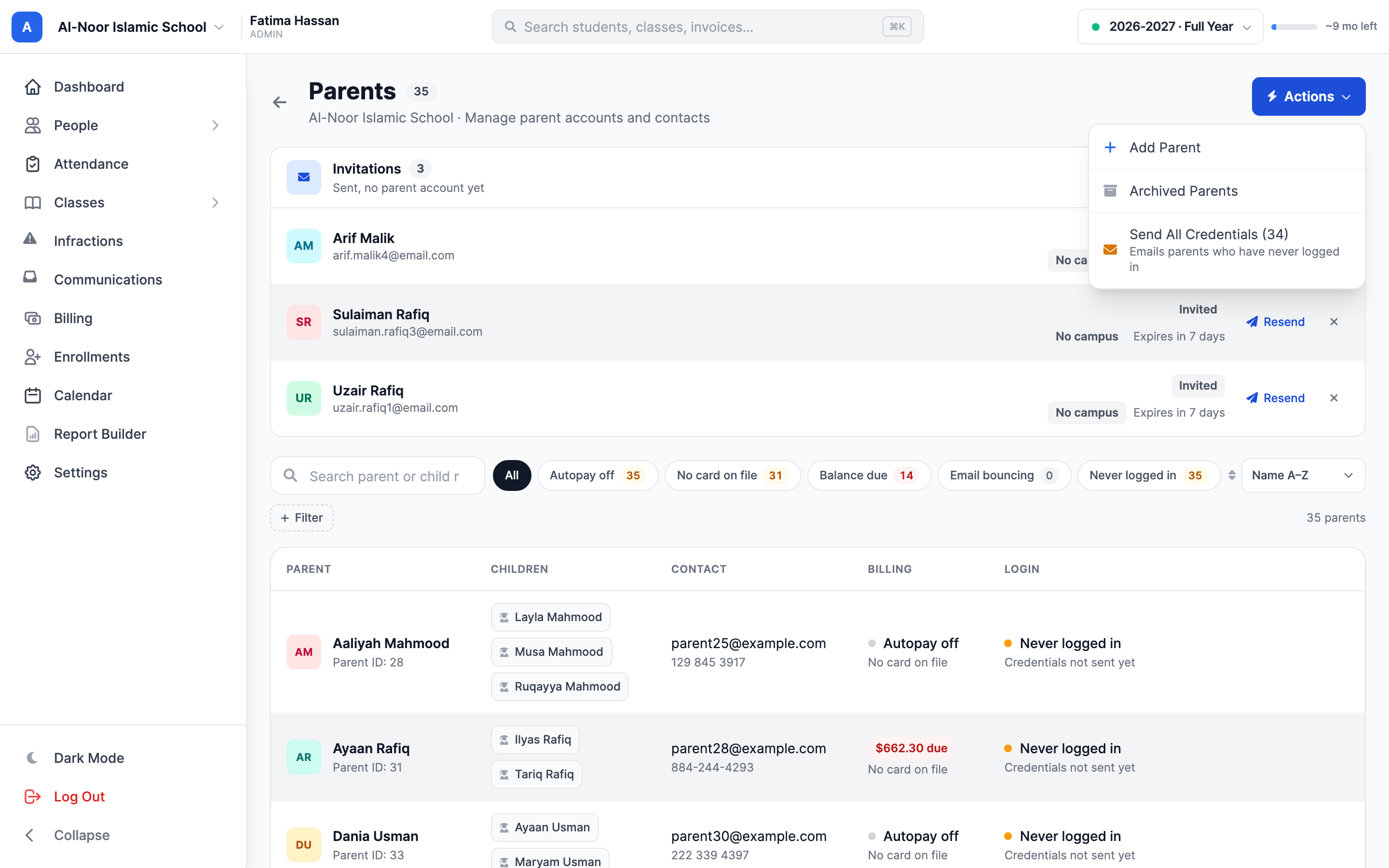 The Parents page with its Actions menu open, showing Add Parent, Archived Parents, and credential options above the parent roster.