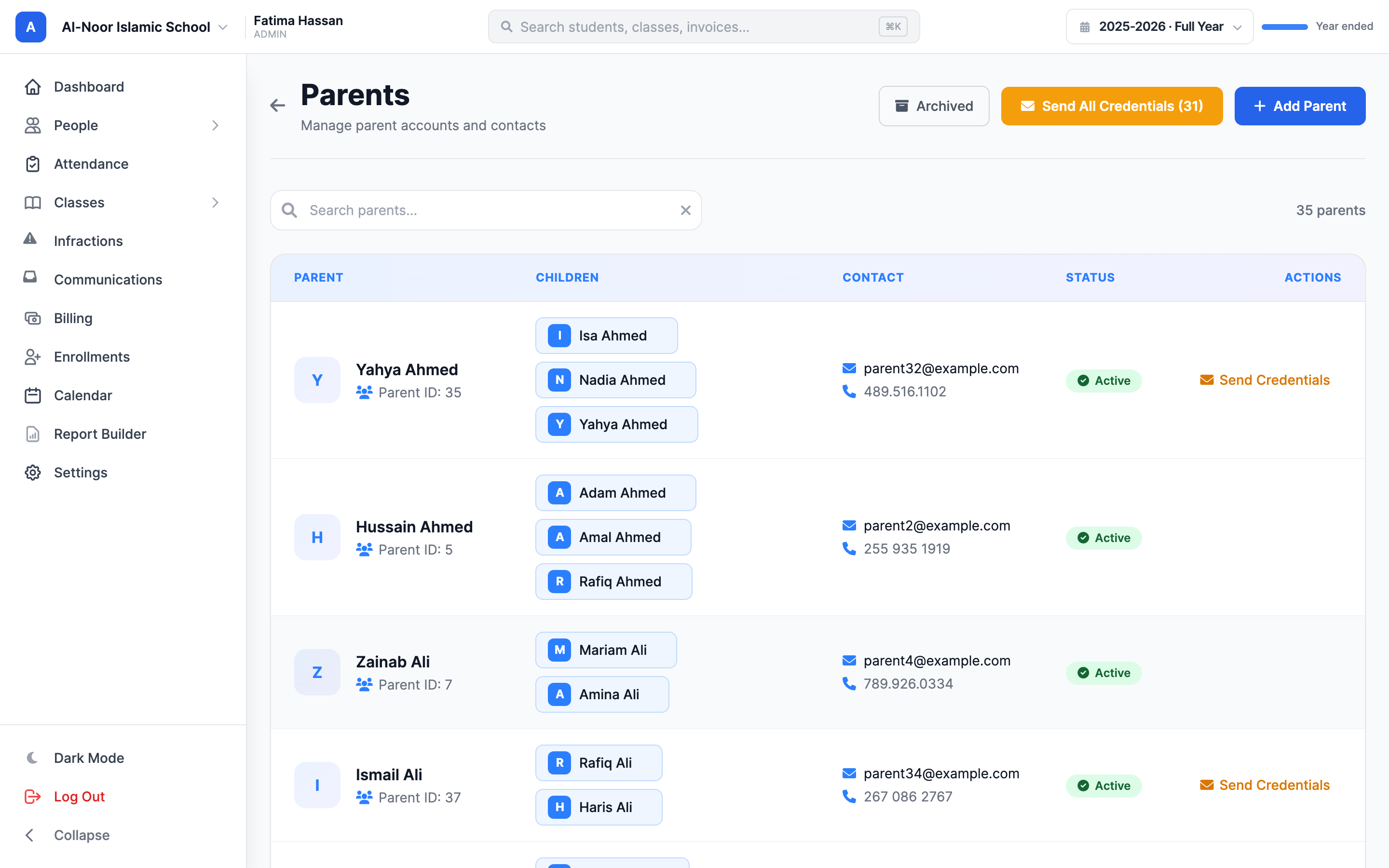 The Parents page for a school, showing the Parents heading, the list of parent accounts with their email and linked-children counts, and the header buttons Archived, Send All Credentials, and the blue Add Parent button.