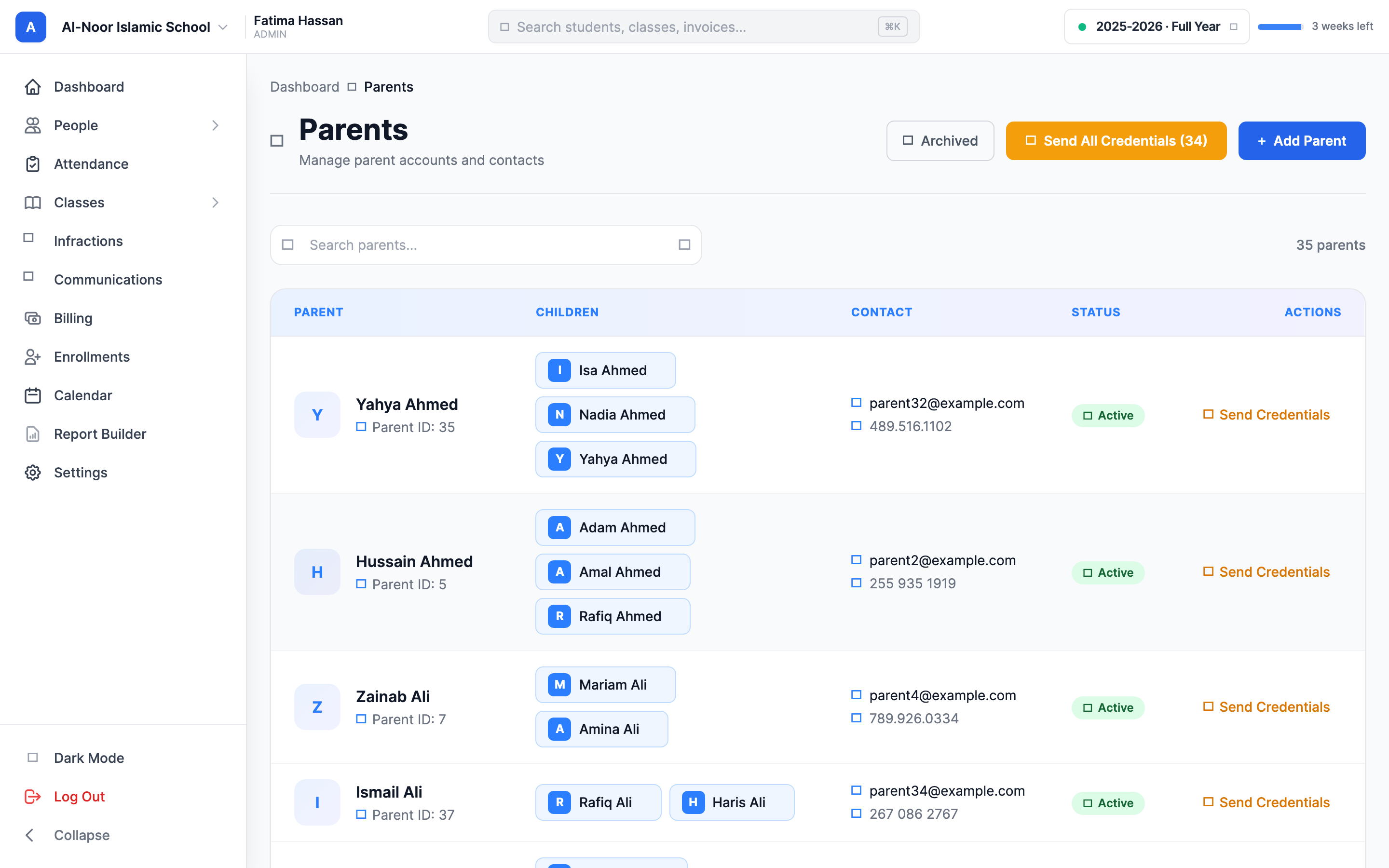 The Parents page for a school, showing the Parents heading, the list of parent accounts with their email and linked-children counts, and the header buttons Archived, Send All Credentials, and the blue Add Parent button.