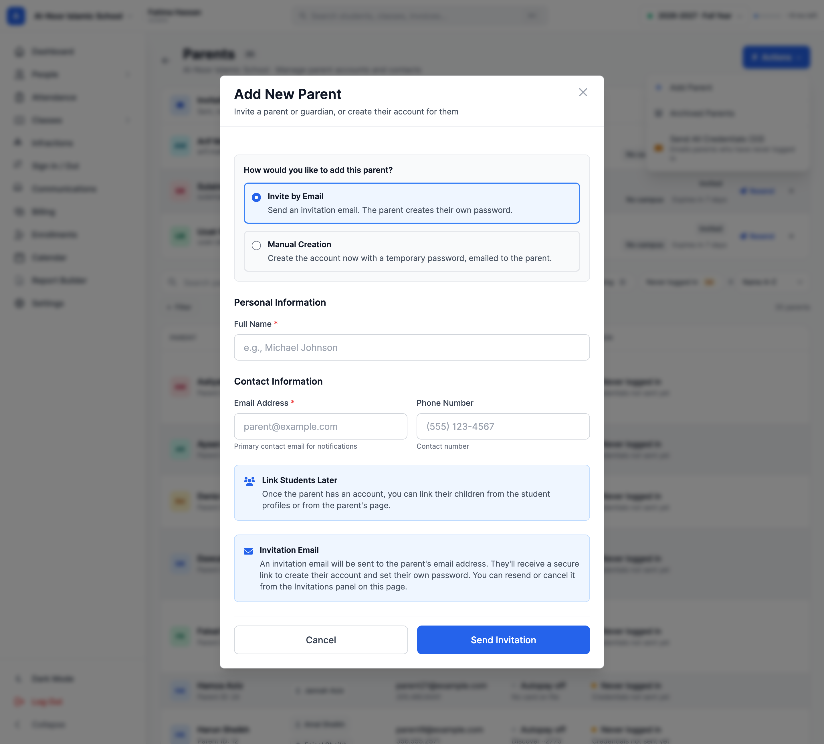 The Add New Parent window with Invite by Email selected, showing required name and email fields and the Send Invitation button.