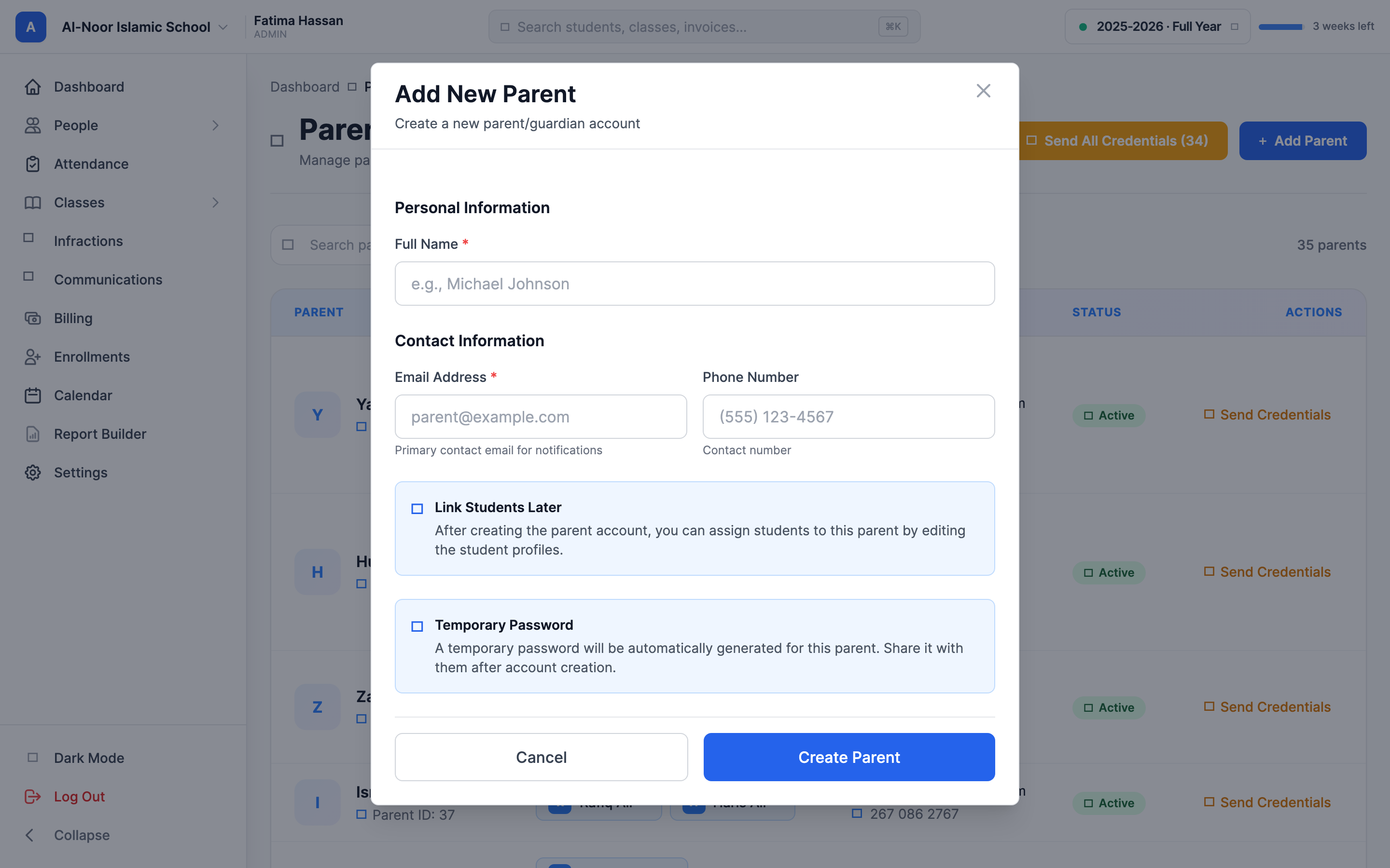 The Add New Parent window showing the Personal Information section with the required Full Name field, the Contact Information section with the required Email Address field and an optional Phone Number field, the 'Link Students Later' and 'Temporary Password' info notices, and the Cancel and Create Parent buttons.