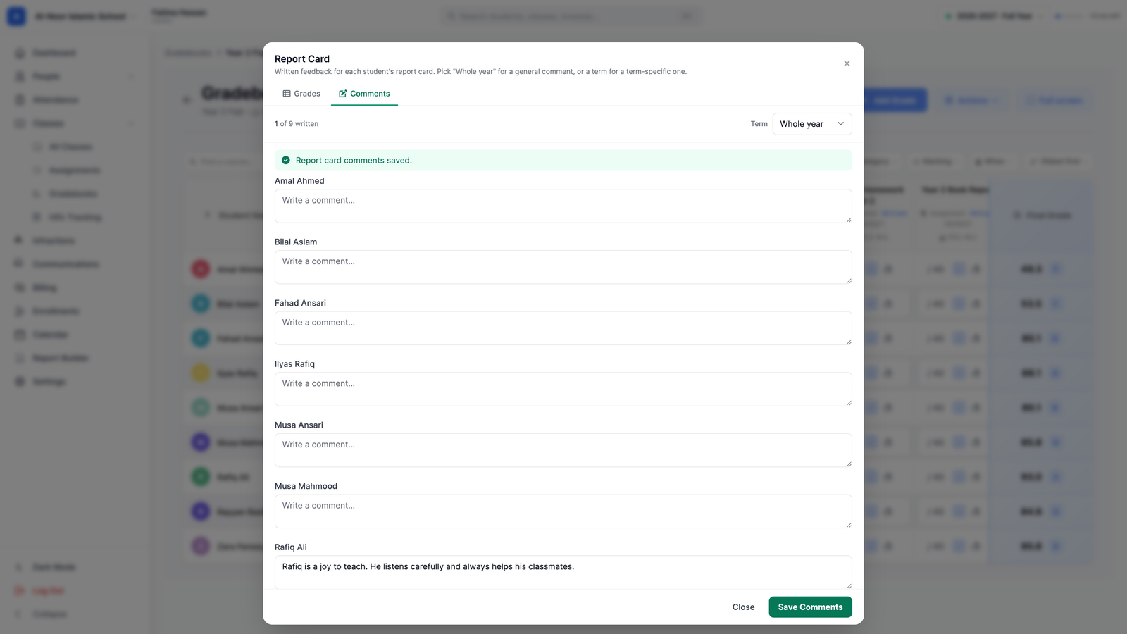 The Report Card window on the Comments tab, with a box for each student and a comment typed for Rafiq Ali.