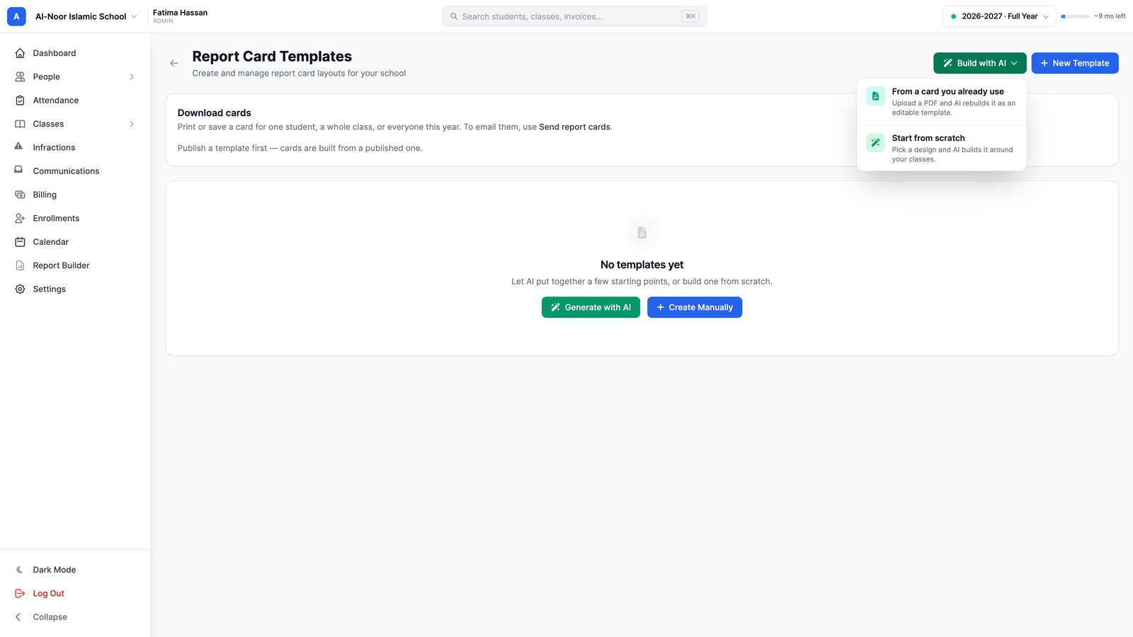 The Report Card Templates page with the Build with AI menu open, offering From a card you already use and Start from scratch, beside the New Template button.