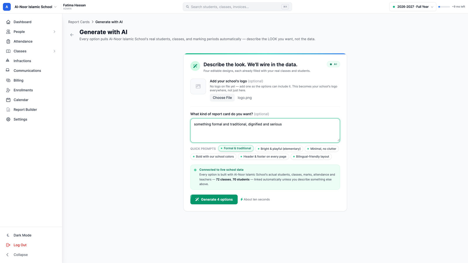 The Generate with AI page with a logo file chosen, the Formal and traditional quick prompt filled into the description box, and the Generate 4 options button.