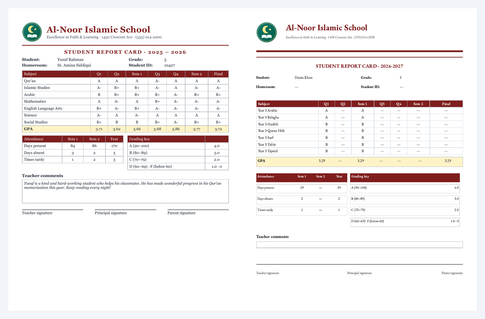 A school's original maroon report card on the left, and MarkTrack's imported version on the right with the same layout filled in with a real student's grades, GPA and attendance.