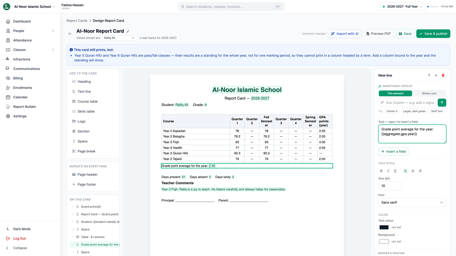 A text line on the card reading Grade point average for the year: 2.40, with the text and its GPA (year) field shown in the settings on the right.
