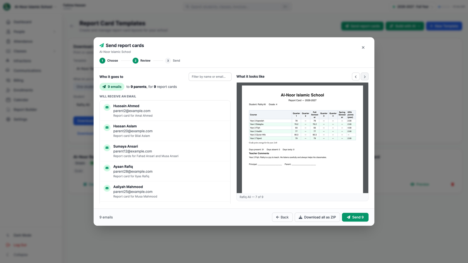 The Send report cards window on the Review step, listing the parents who will receive an email and showing Rafiq Ali's real card beside the list.