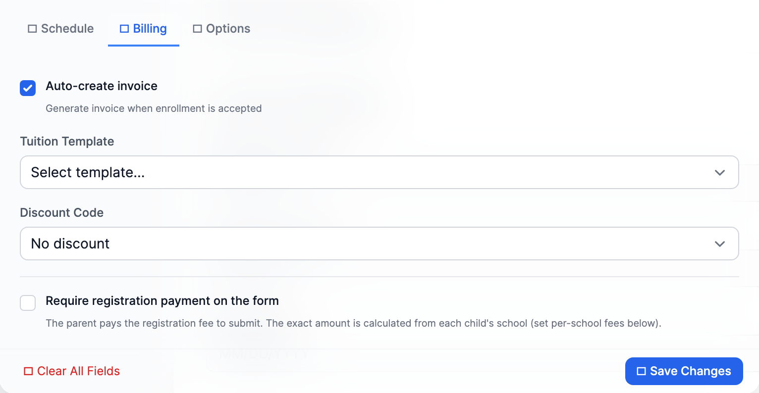 The Billing tab of the enrollment form editor, showing the Tuition Template dropdown set to Registration Fee with a $150.00 amount, and the 'Require registration payment on the form' toggle.