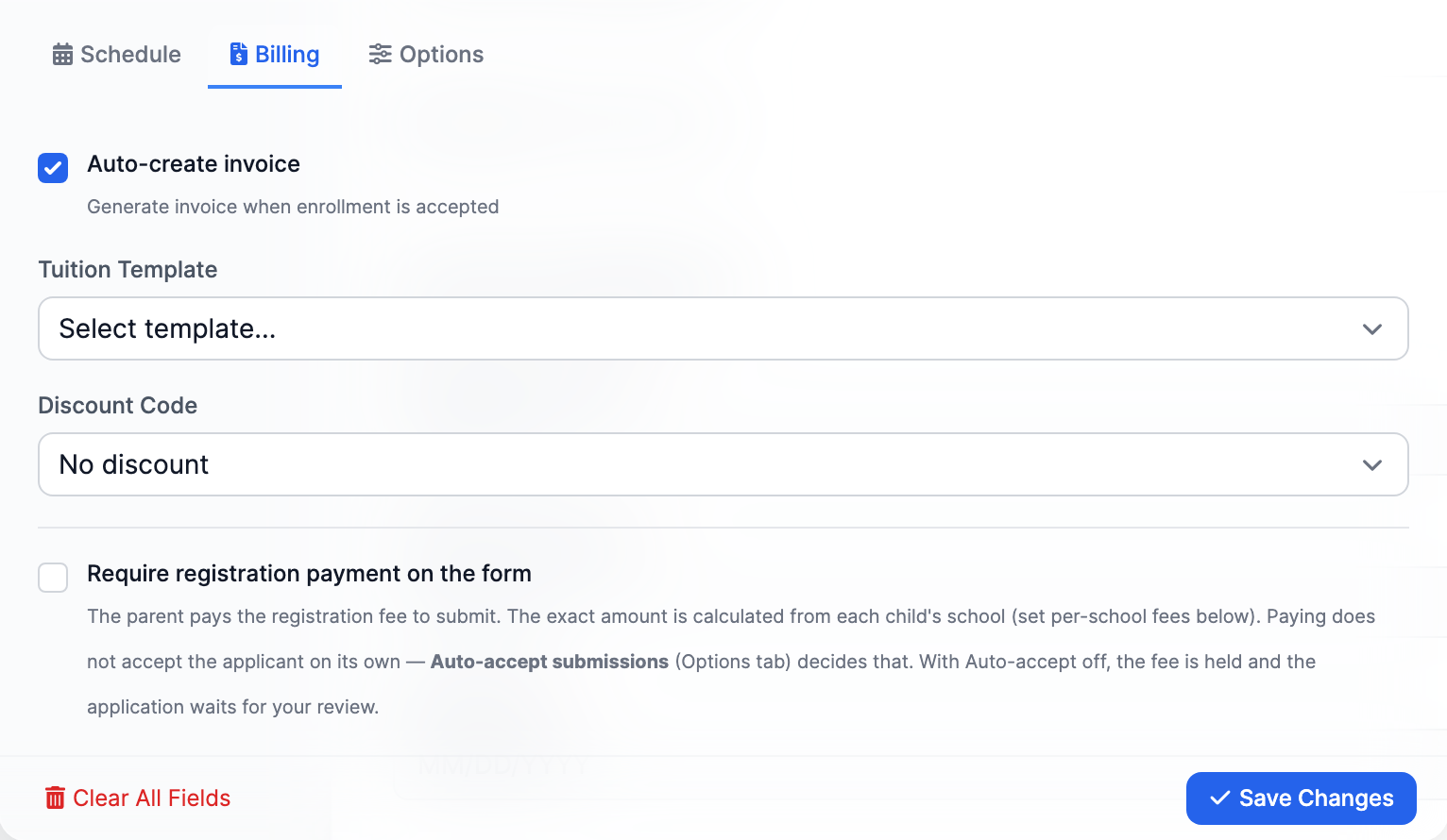 The Billing tab of the enrollment form editor, showing the Tuition Template dropdown set to Registration Fee with a $150.00 amount, and the 'Require registration payment on the form' toggle.