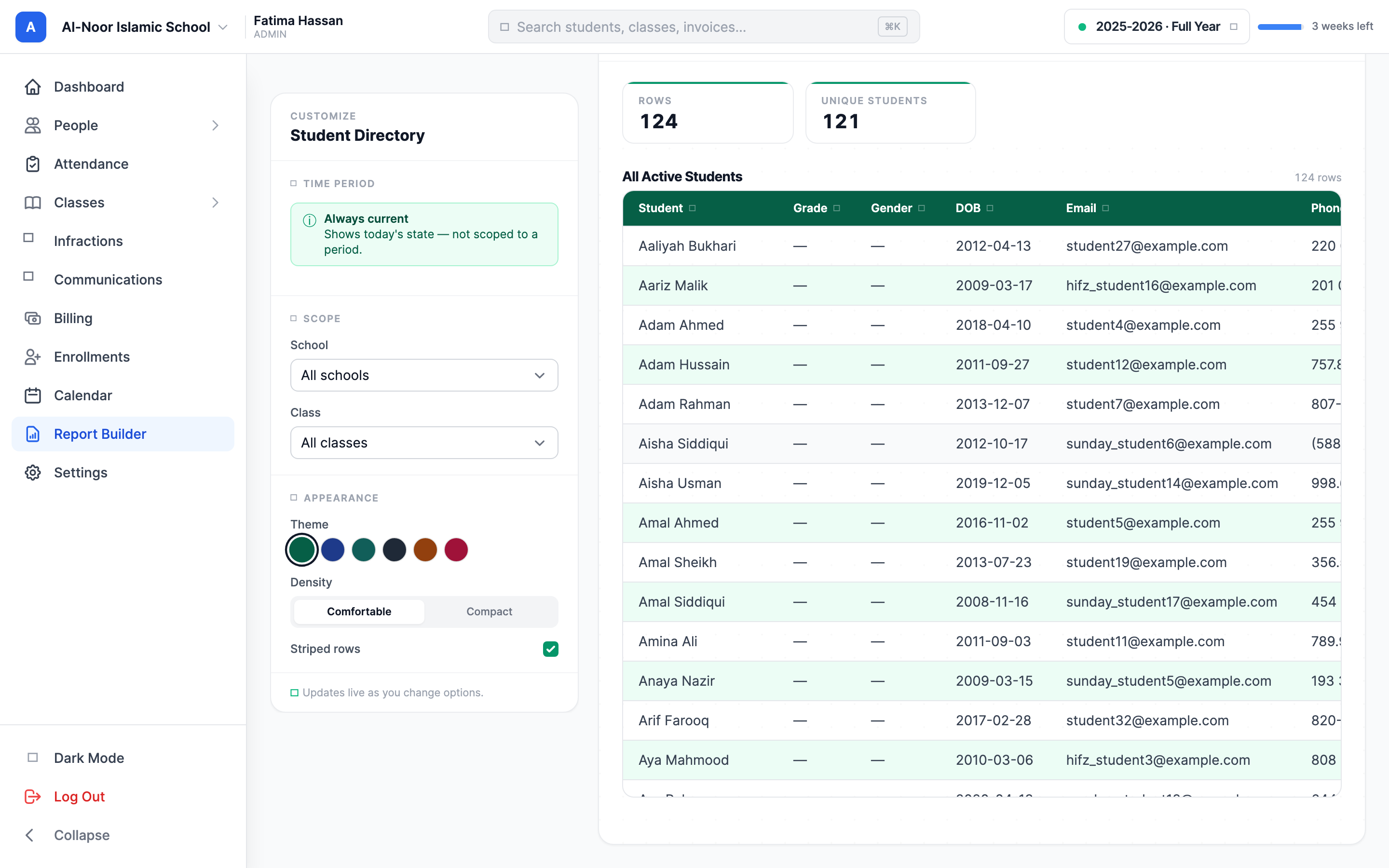 An open report showing the left Customize rail with Time period, Scope, Report options, and Appearance sections, a Live badge, and the live report document on the right with its title bar, Print, Export PDF, and Save buttons.