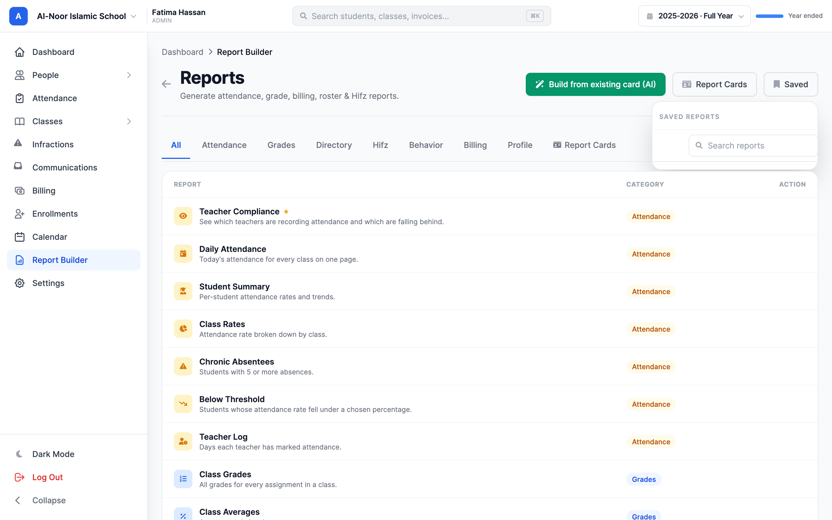The Saved dropdown open at the top of the Reports page, listing previously saved reports by title with their last-updated dates.