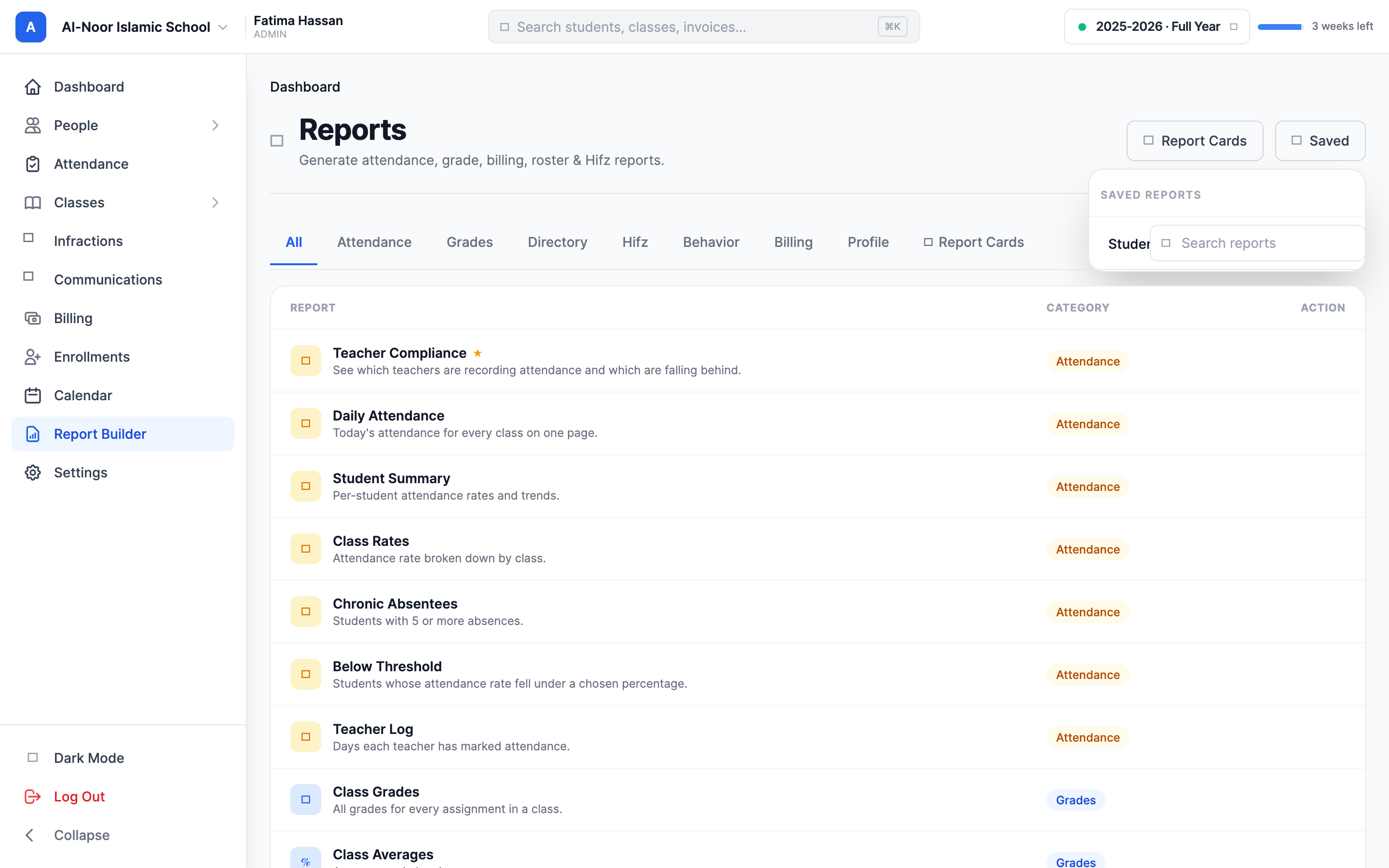 The Saved dropdown open at the top of the Reports page, listing previously saved reports by title with their last-updated dates.