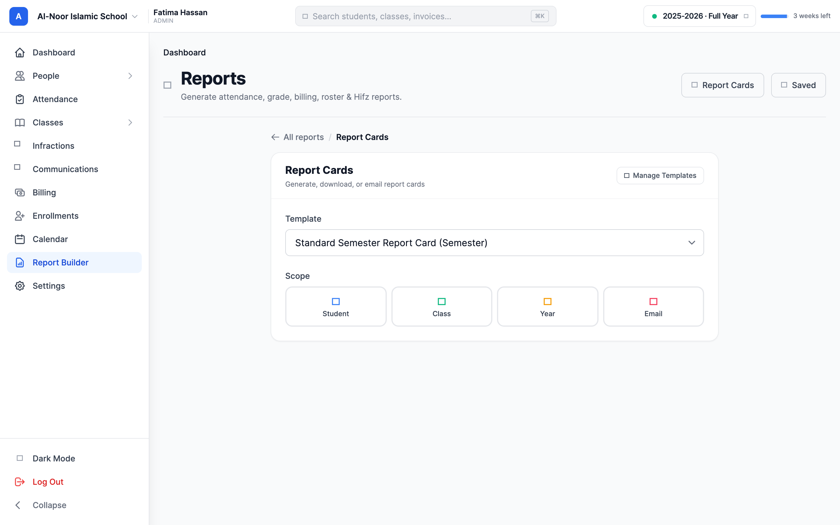 The Report Cards panel with the Template dropdown at top and the four scope tiles — Student, Class, Year, Email — below it, plus the dynamic student/class picker and the Download PDF action button.