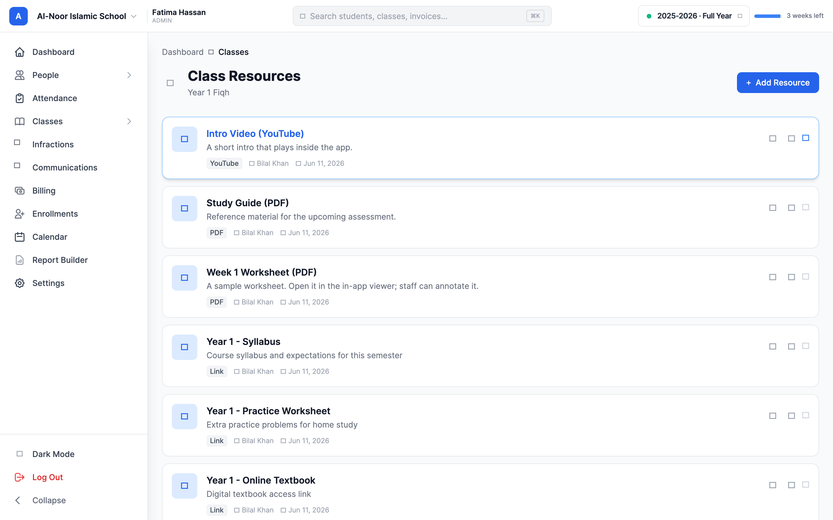 The Class Resources page for a class, with a heading 'Class Resources', the class name beneath it, an 'Add Resource' button in the top right, and a list of resource cards each showing a title, a type tag, the person who shared it, and the date.
