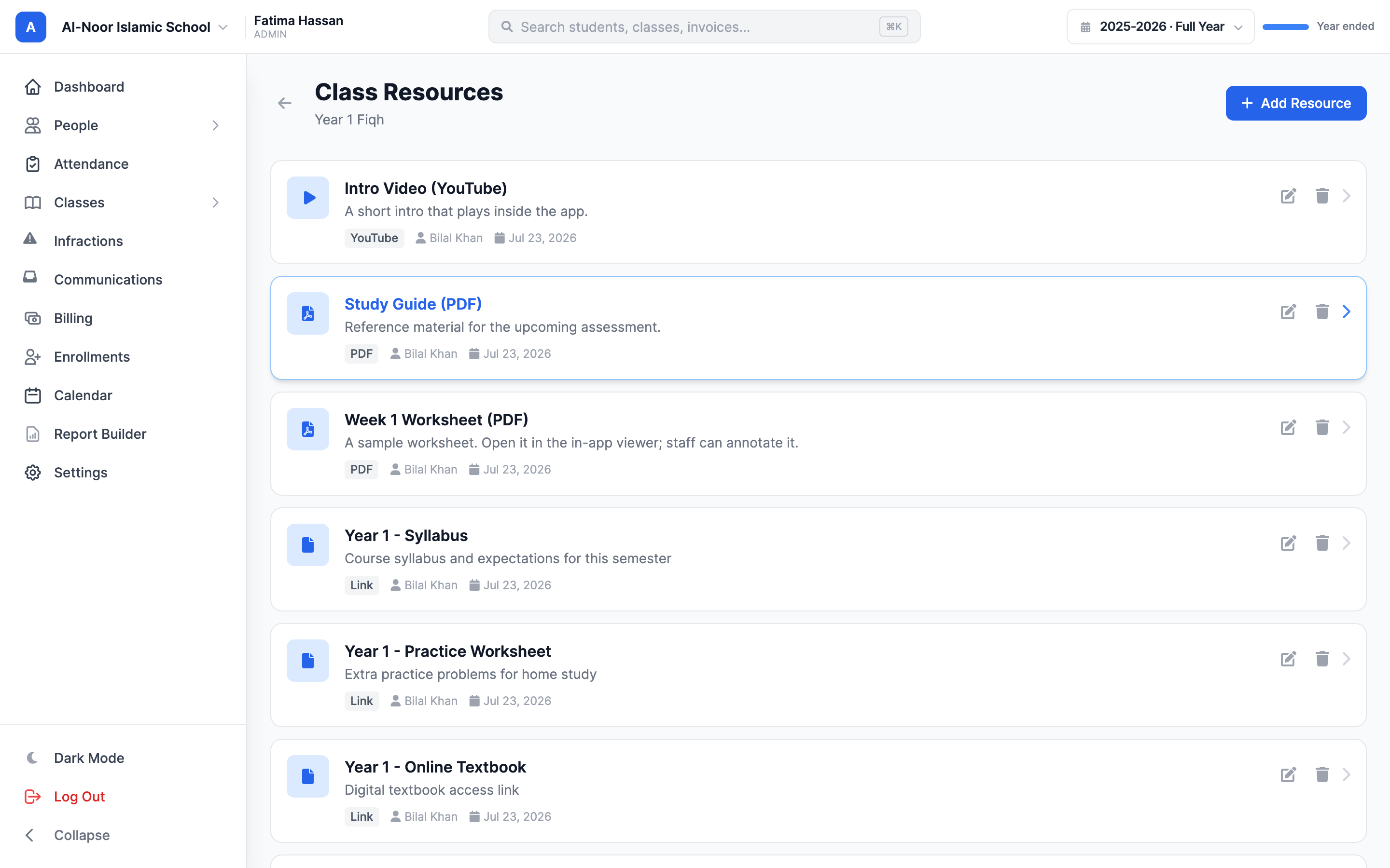 The Class Resources page for a class, with a heading 'Class Resources', the class name beneath it, an 'Add Resource' button in the top right, and a list of resource cards each showing a title, a type tag, the person who shared it, and the date.