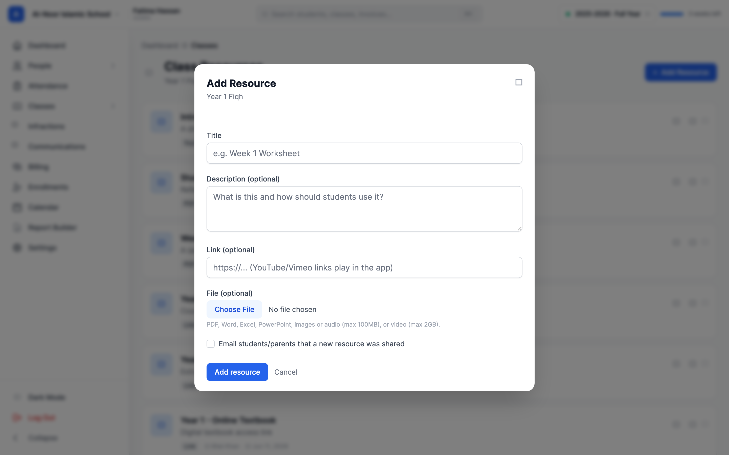 The Add Resource form showing the Title field, a Description text box, a Link field for an external URL, a File chooser labeled with the allowed types, and a checkbox to email students and parents that a new resource was shared.