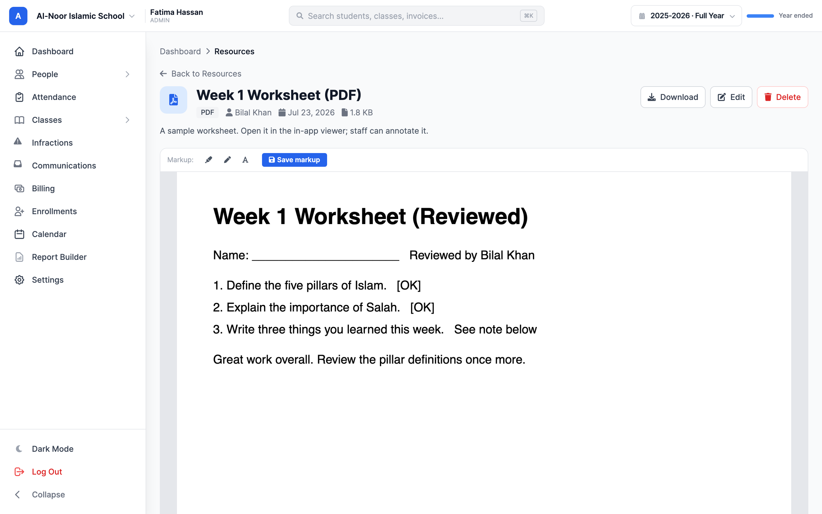 A resource's own page with the title and type tag at the top, Download and (for staff) Edit and Delete buttons, and the file rendered inline below in the in-app viewer.
