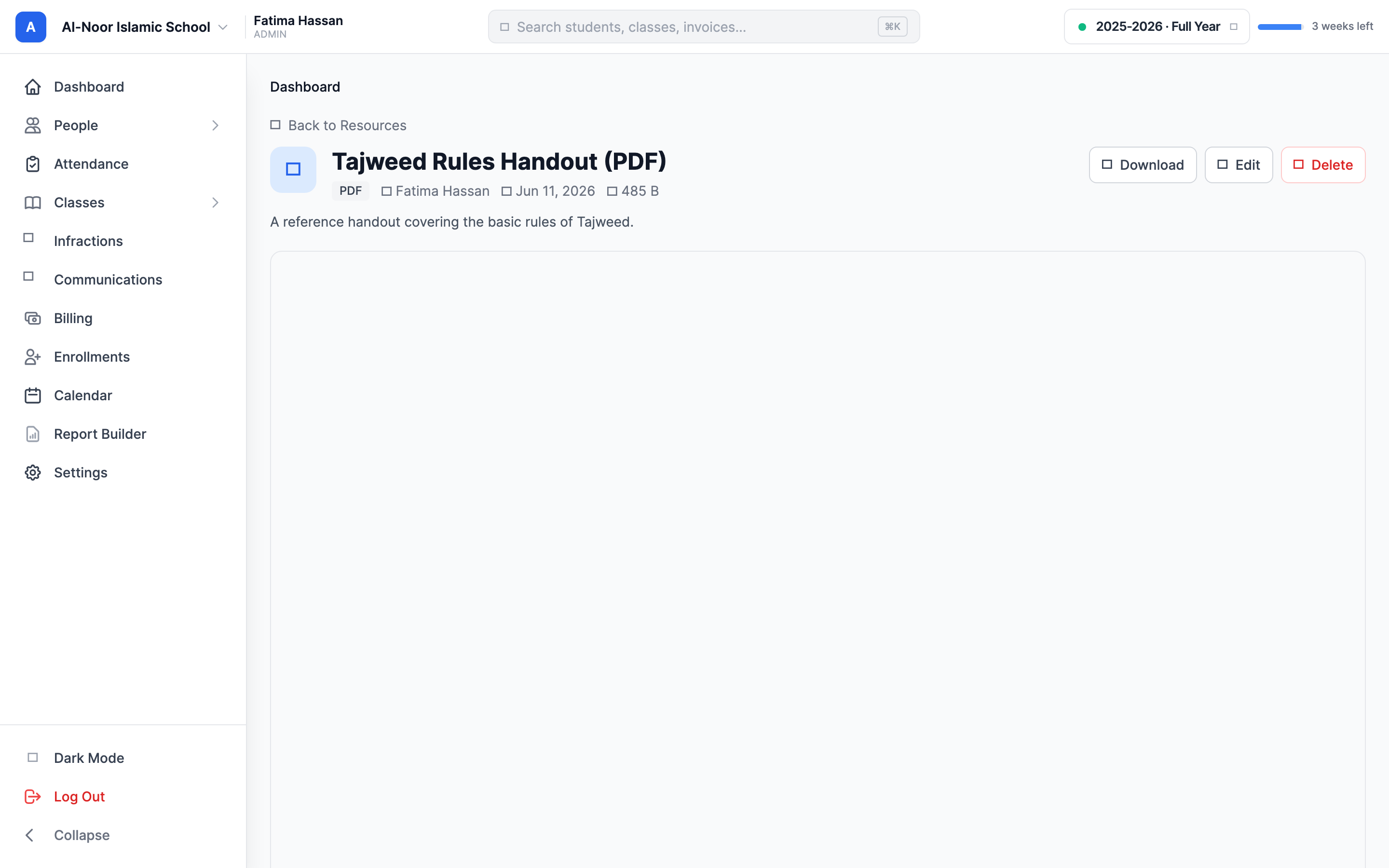 A resource's own page with the title and type tag at the top, Download and (for staff) Edit and Delete buttons, and the file rendered inline below in the in-app viewer.