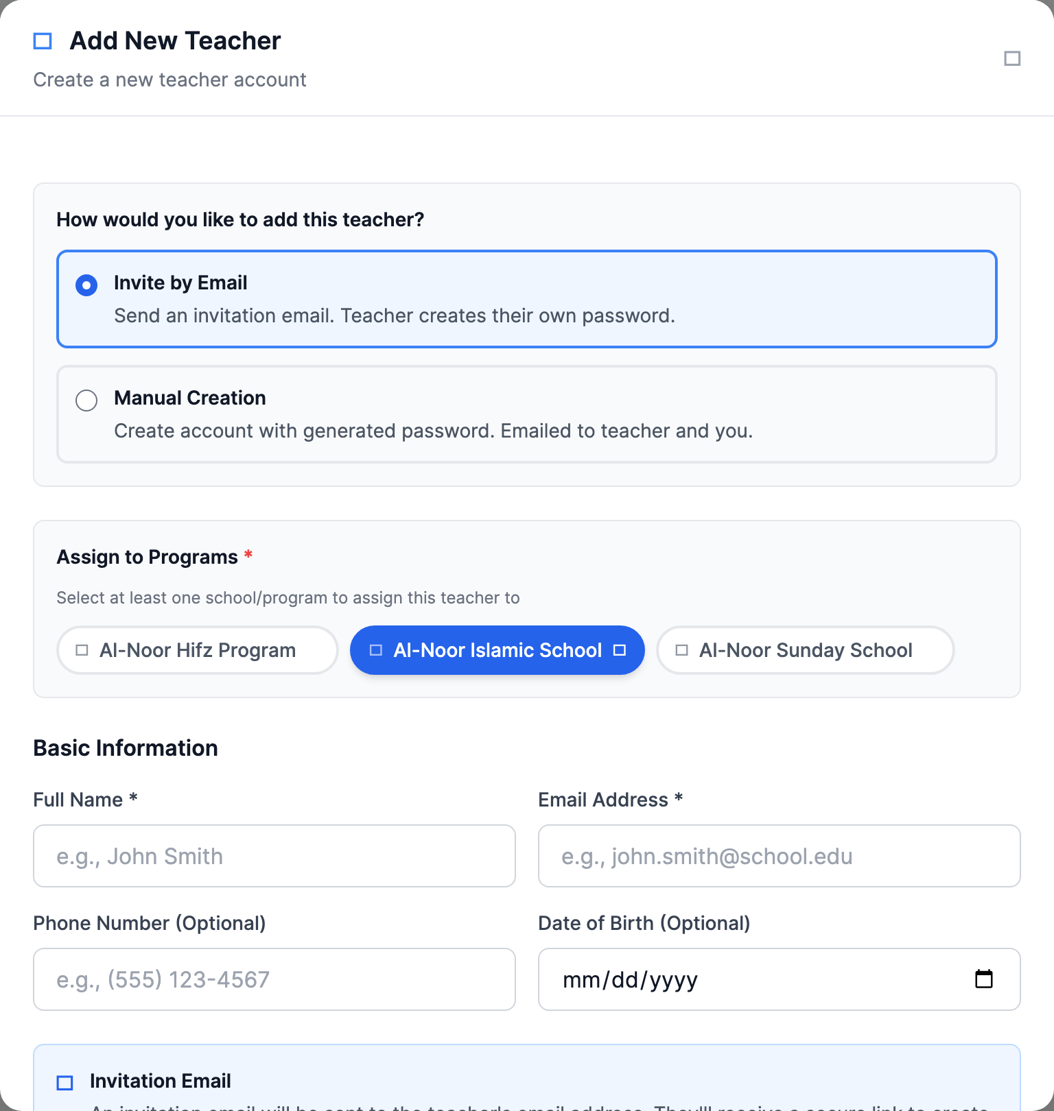 The Add Teacher form showing the school/program checkboxes where one or more schools can be selected for the teacher.