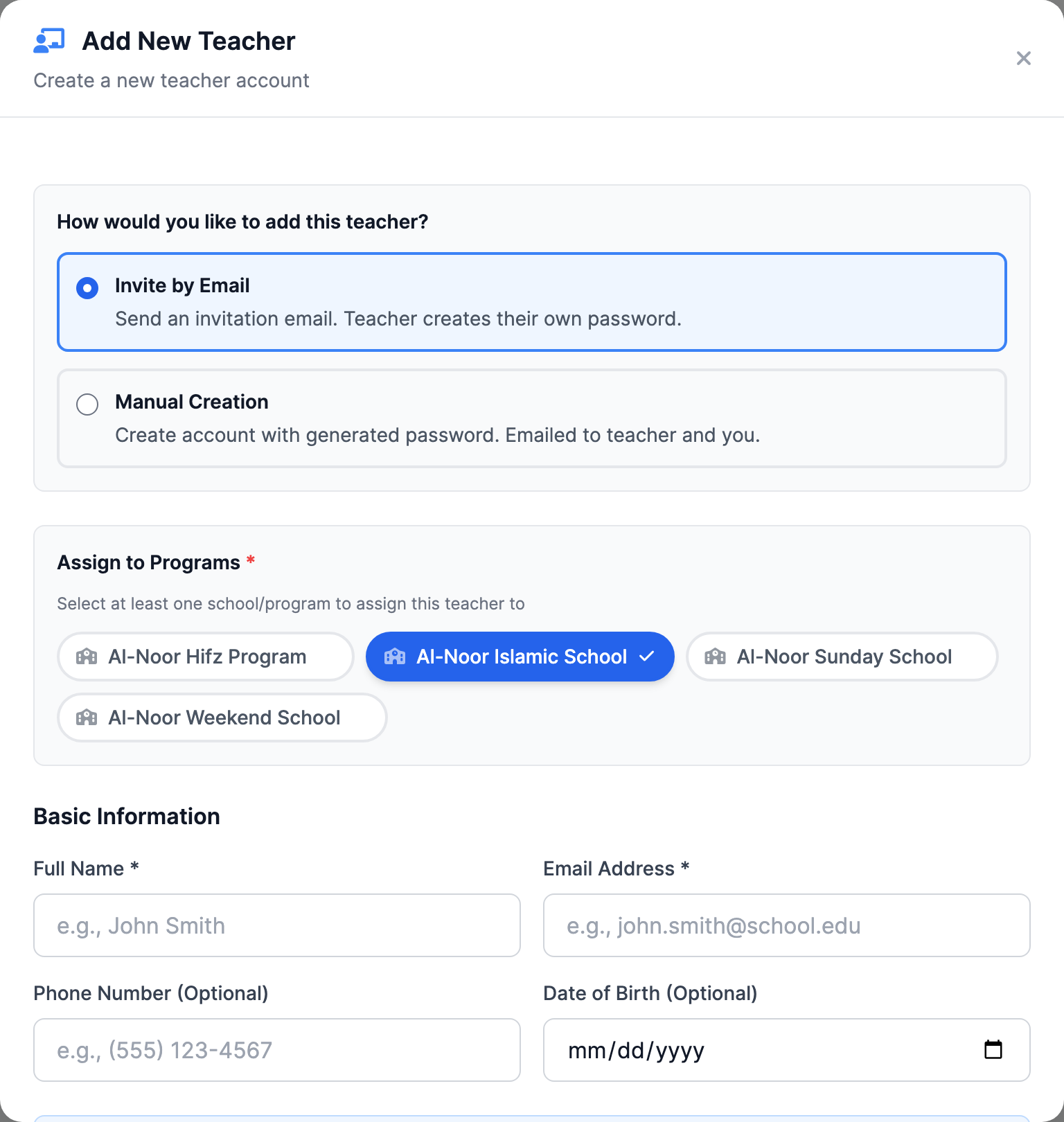 The Add Teacher form showing the school/program checkboxes where one or more schools can be selected for the teacher.