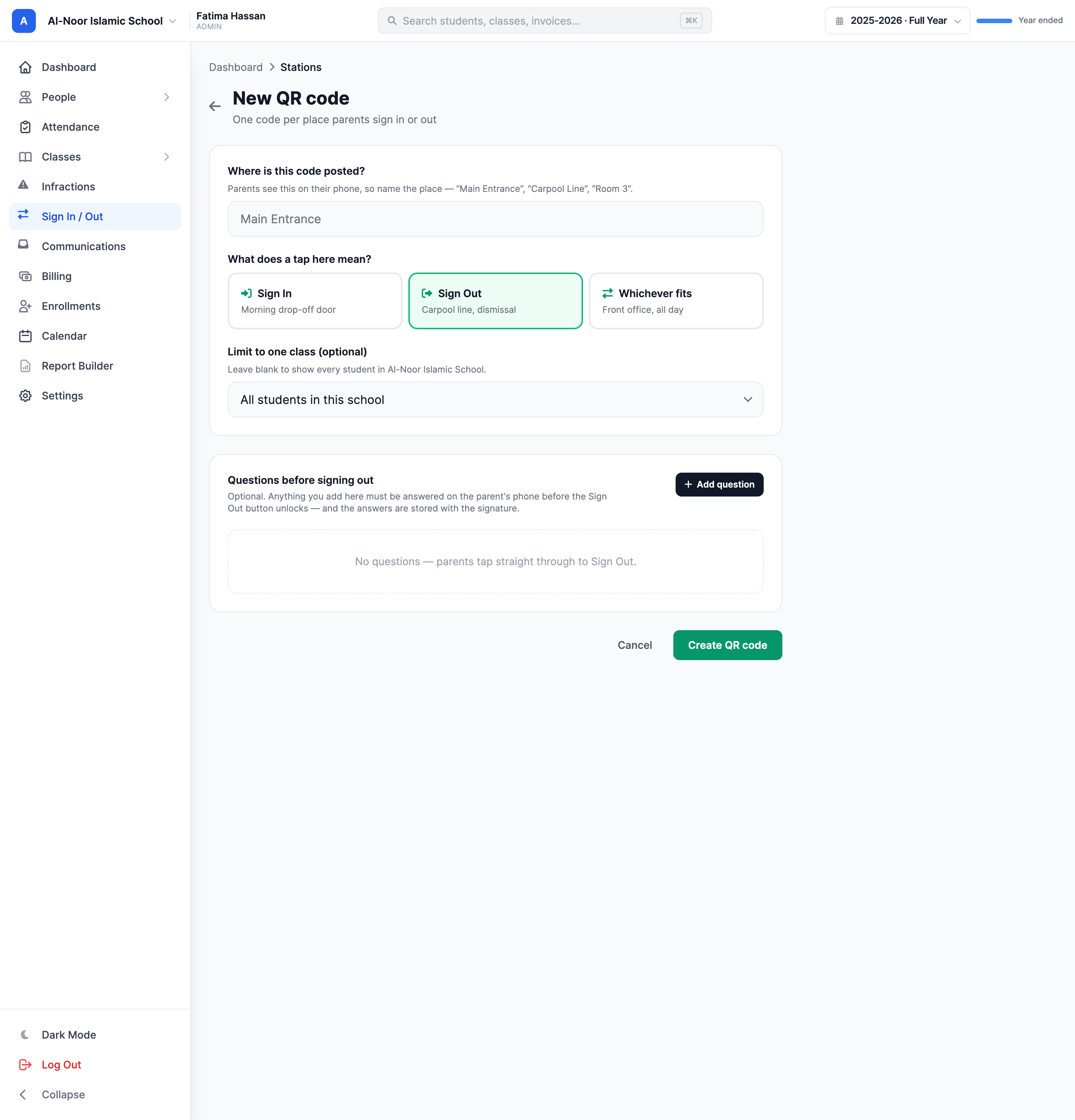 The new-station form in MarkTrack: a Name field, a Direction choice of Sign in / Sign out / Automatic, an optional class restriction, and a section for adding questions that parents answer before the record is saved.