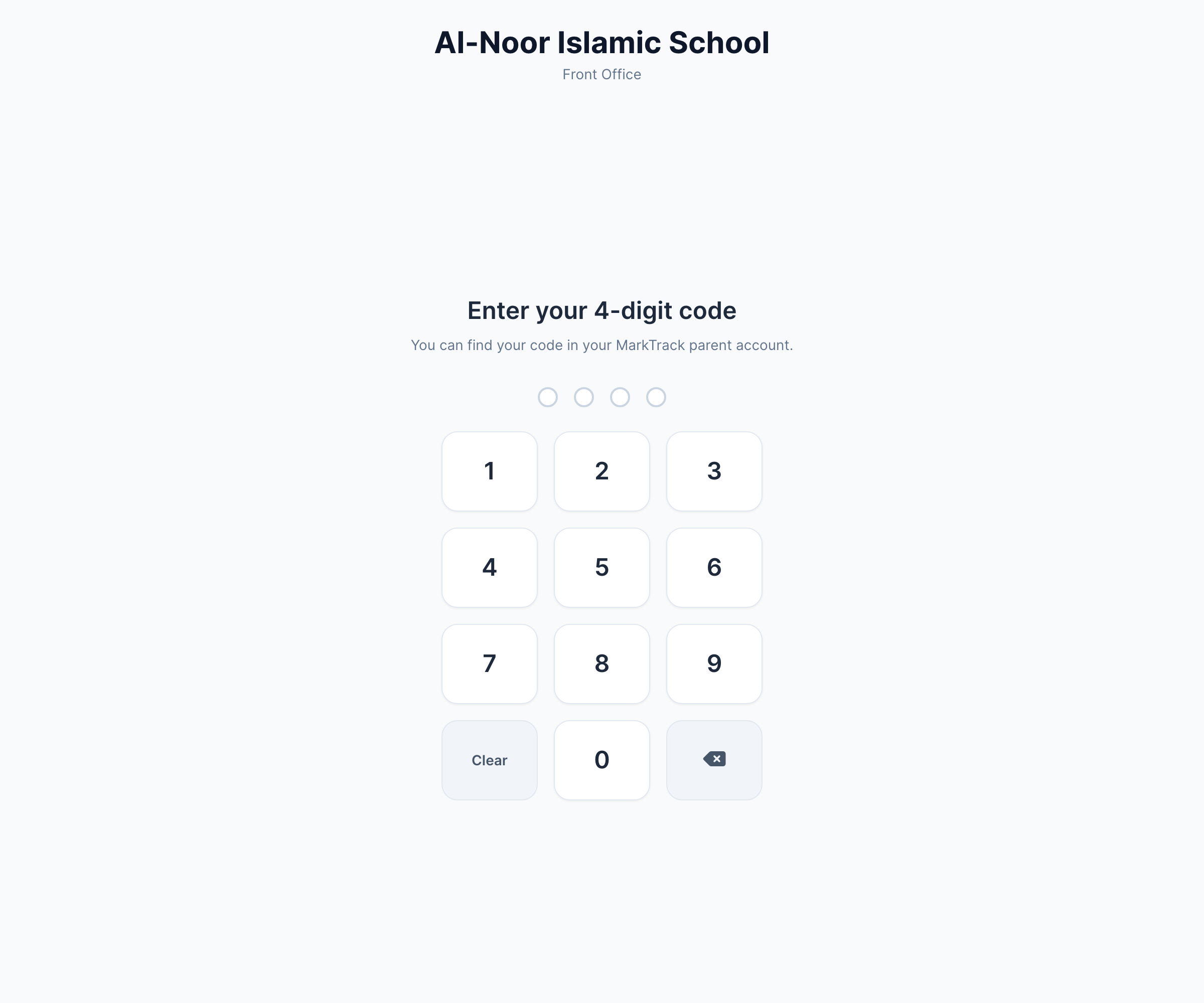 The school PIN kiosk asking for a four-digit family code.