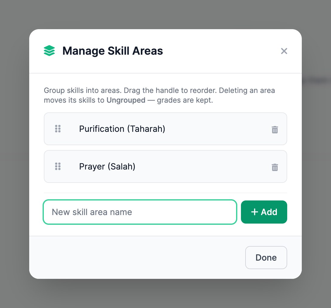 The Manage Skill Areas window listing two areas, Purification (Taharah) and Prayer (Salah), with a box to type a new area name, an Add button and Done.