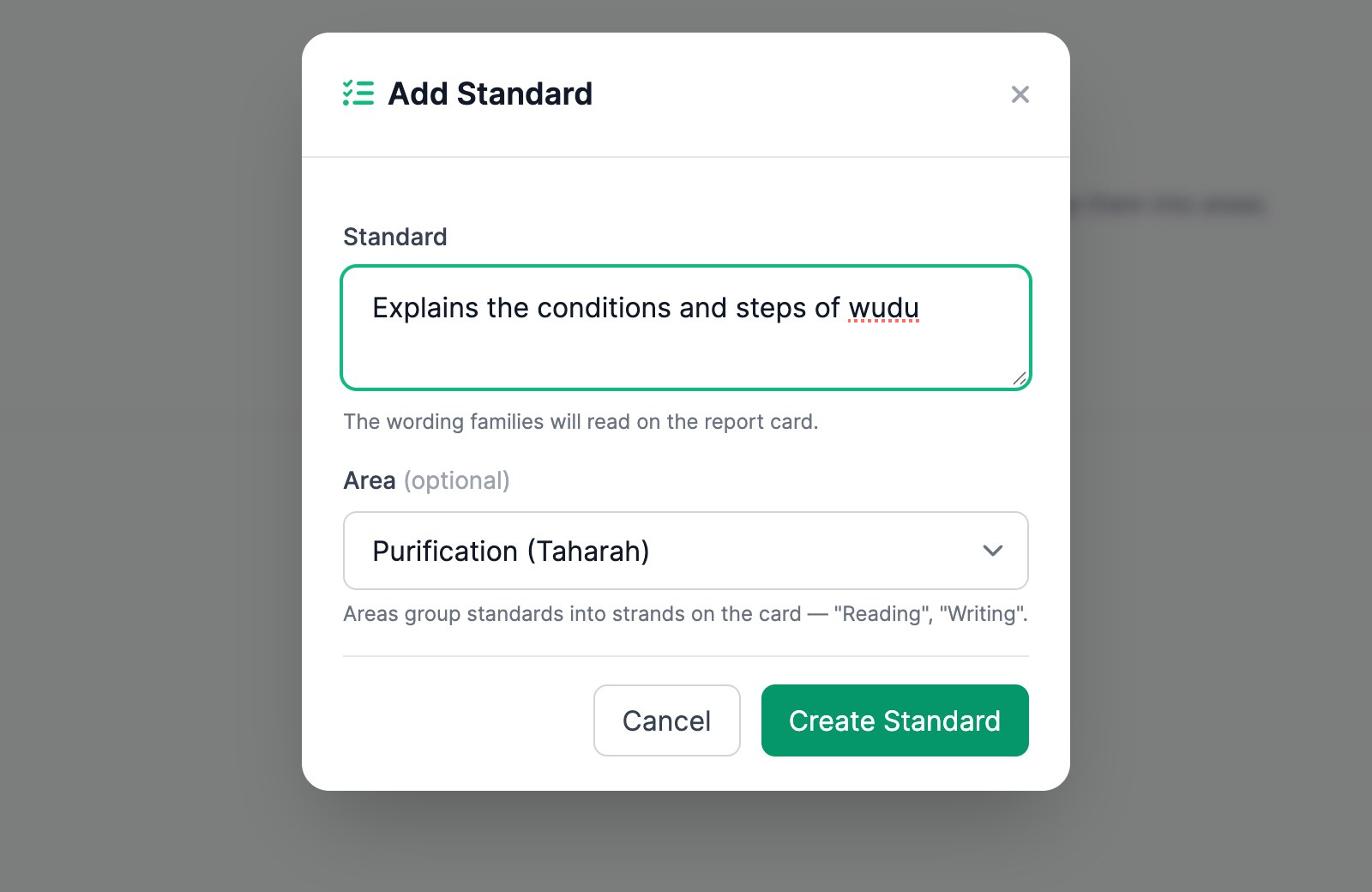 The Add Standard window with 'Explains the conditions and steps of wudu' typed in and 'Purification (Taharah)' chosen as its area.